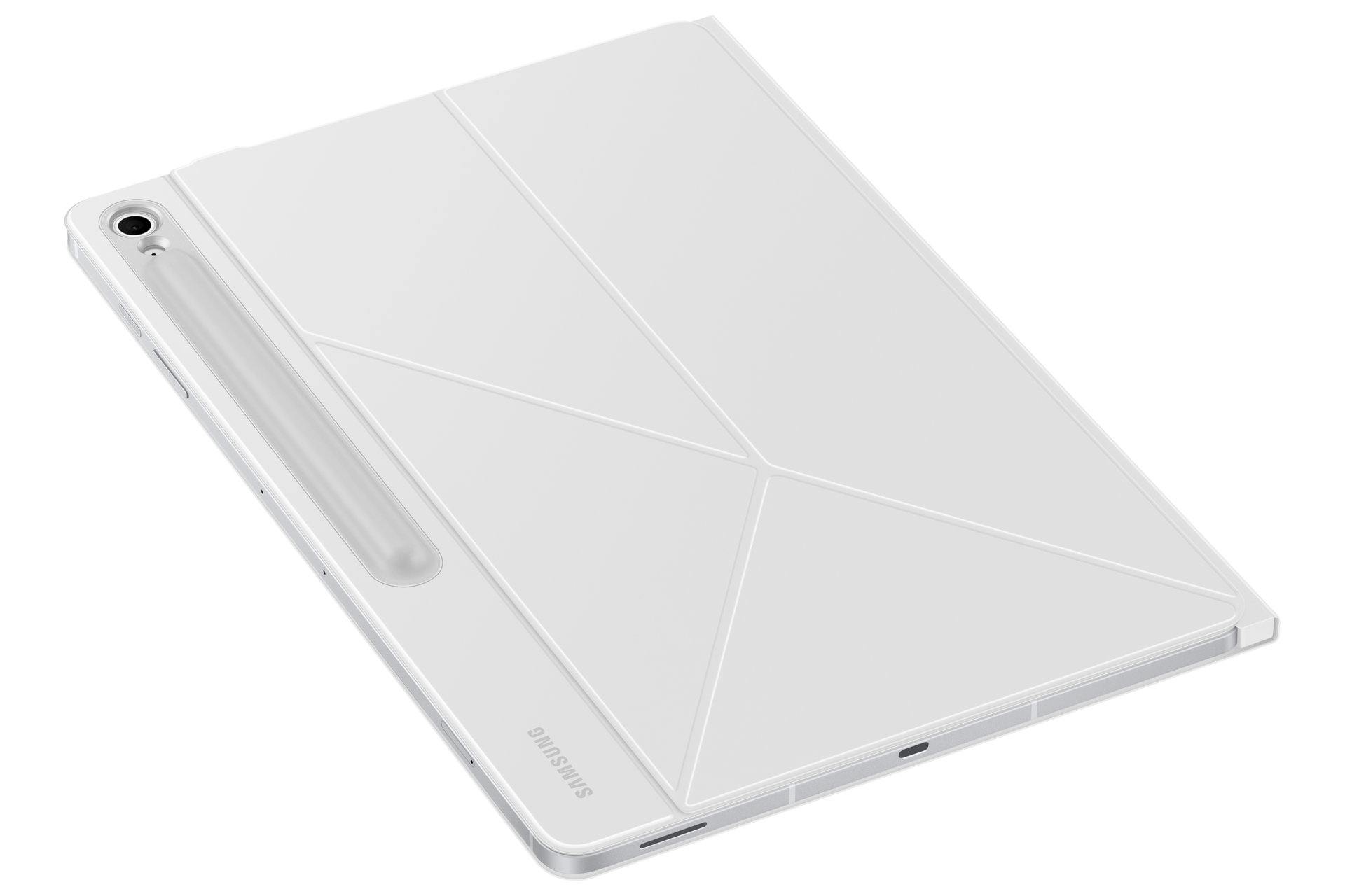 Un tablet Samsung bianco in una custodia protettiva con stilo attaccato su sfondo nero.