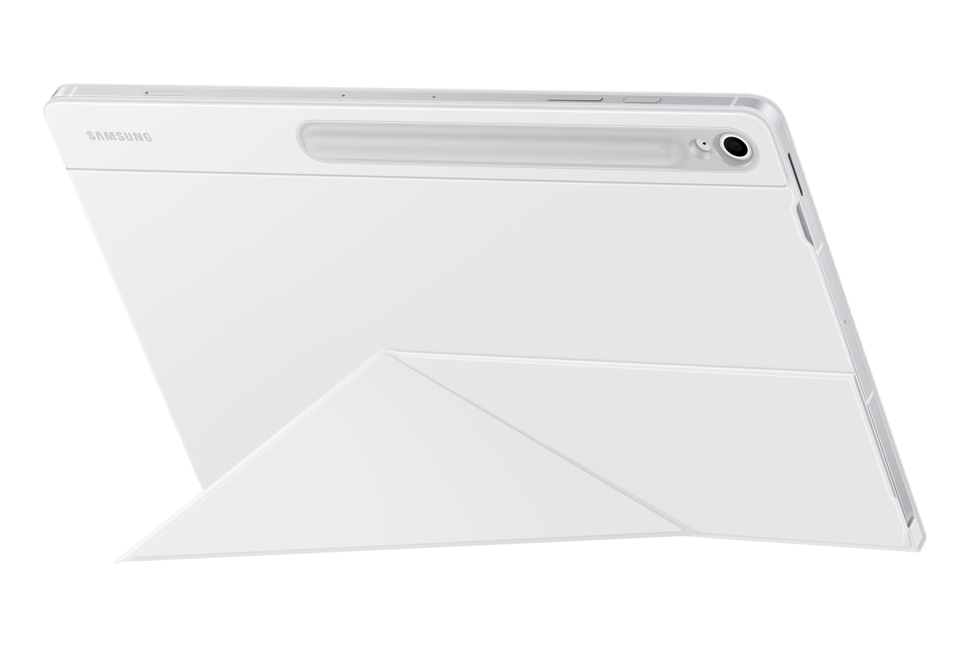 Vista posteriore di un tablet Samsung bianco in un supporto su sfondo nero.