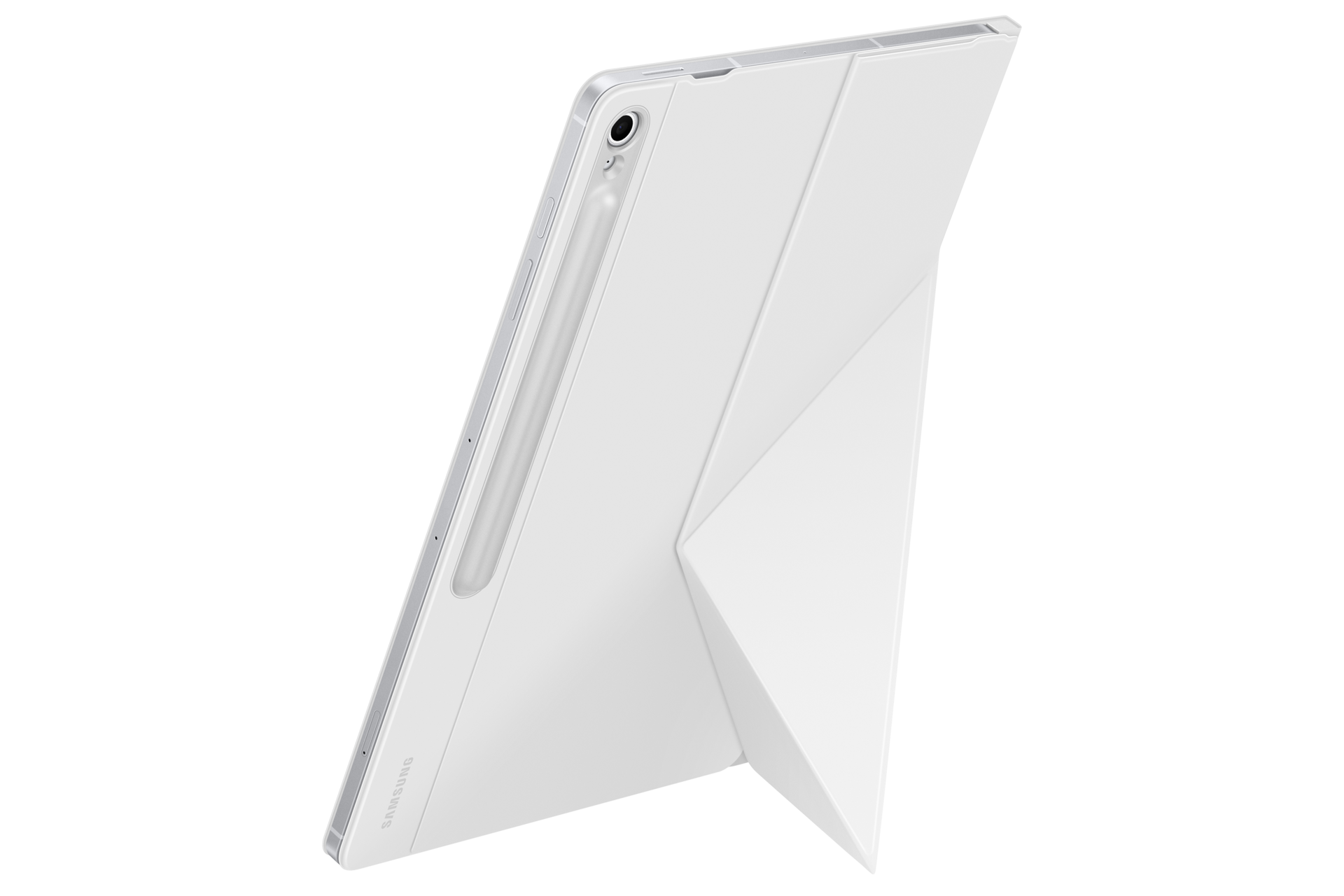 Vista posteriore di un tablet Samsung bianco in una custodia che fa da supporto su sfondo nero.
