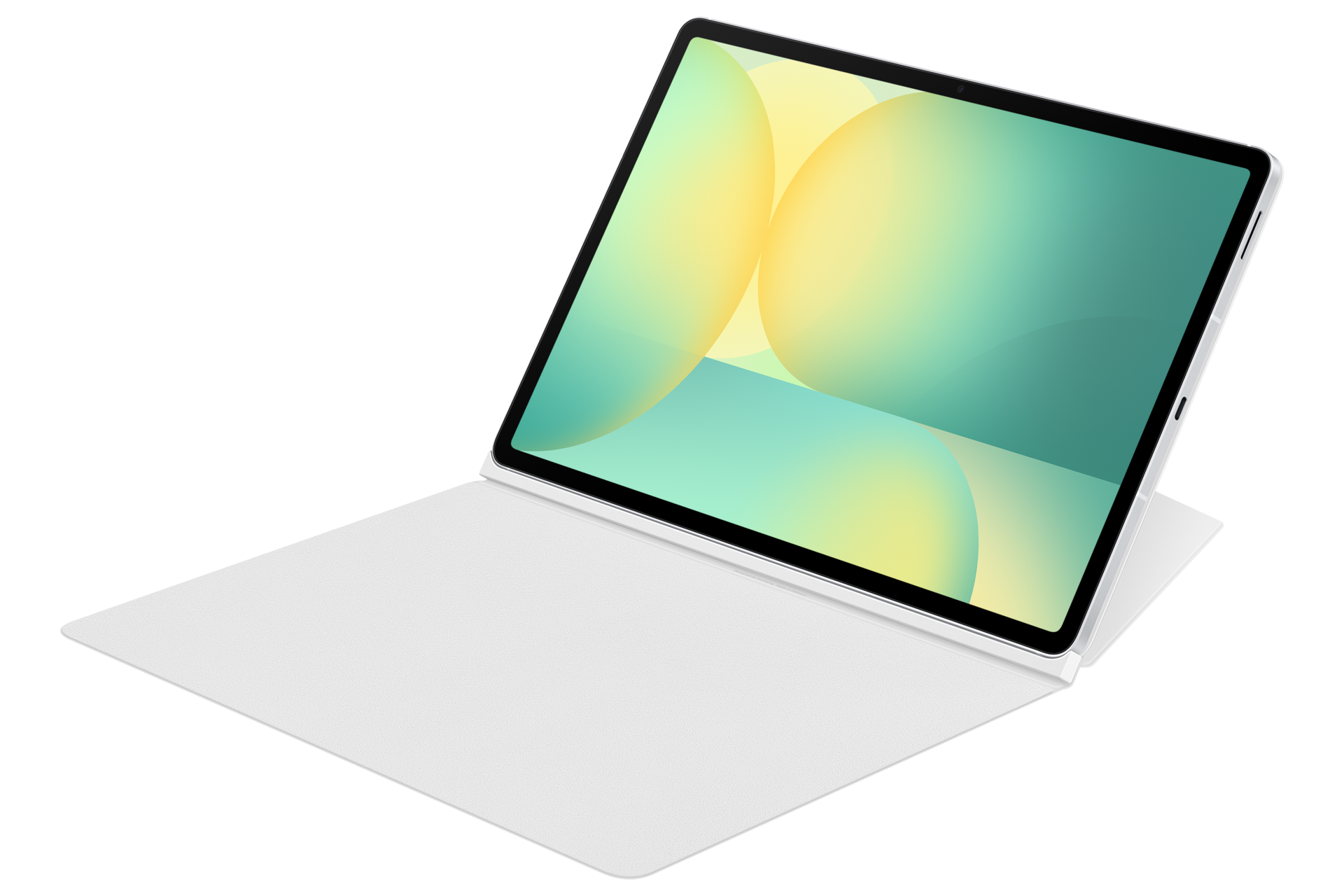 Un tablet bianco in custodia bianca su sfondo nero, con uno sfondo verde e giallo.