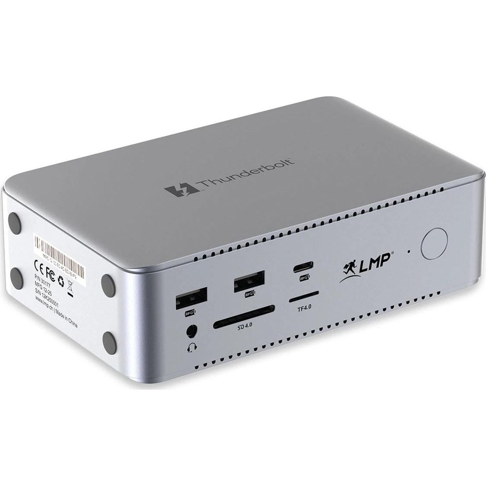 Un hub Thunderbolt LMP argentato con porte USB, scheda SD e audio sul pannello frontale.