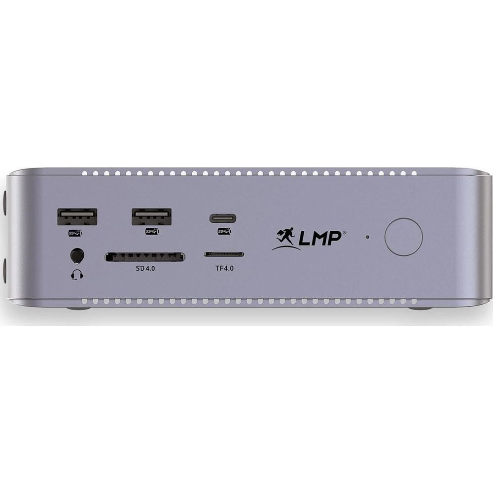 Vista frontale di una docking station LMP argentata con porte USB, lettore di schede SD e pulsante di accensione.