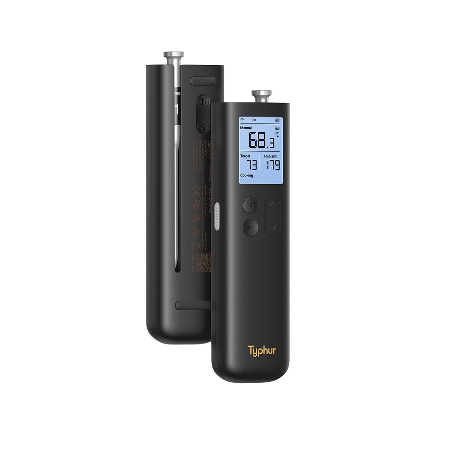 Zwei schwarze digitale Fleischthermometer mit LCD-Bildschirm und Tasten auf weißem Hintergrund.