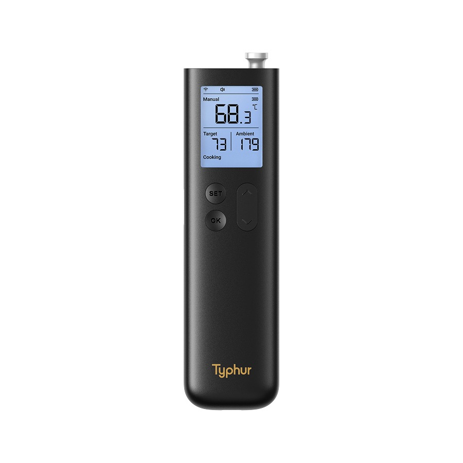 Ein schwarzes digitales Typhur-Thermometer mit LCD-Bildschirm, Bedientasten und Metallspitze.