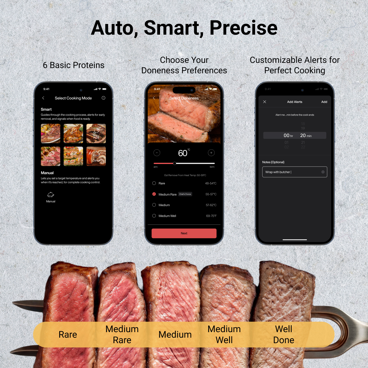 Drei Smartphones zeigen Koch-App-Screens über Steakscheiben, die Garstufen von blutig bis durch zeigen.