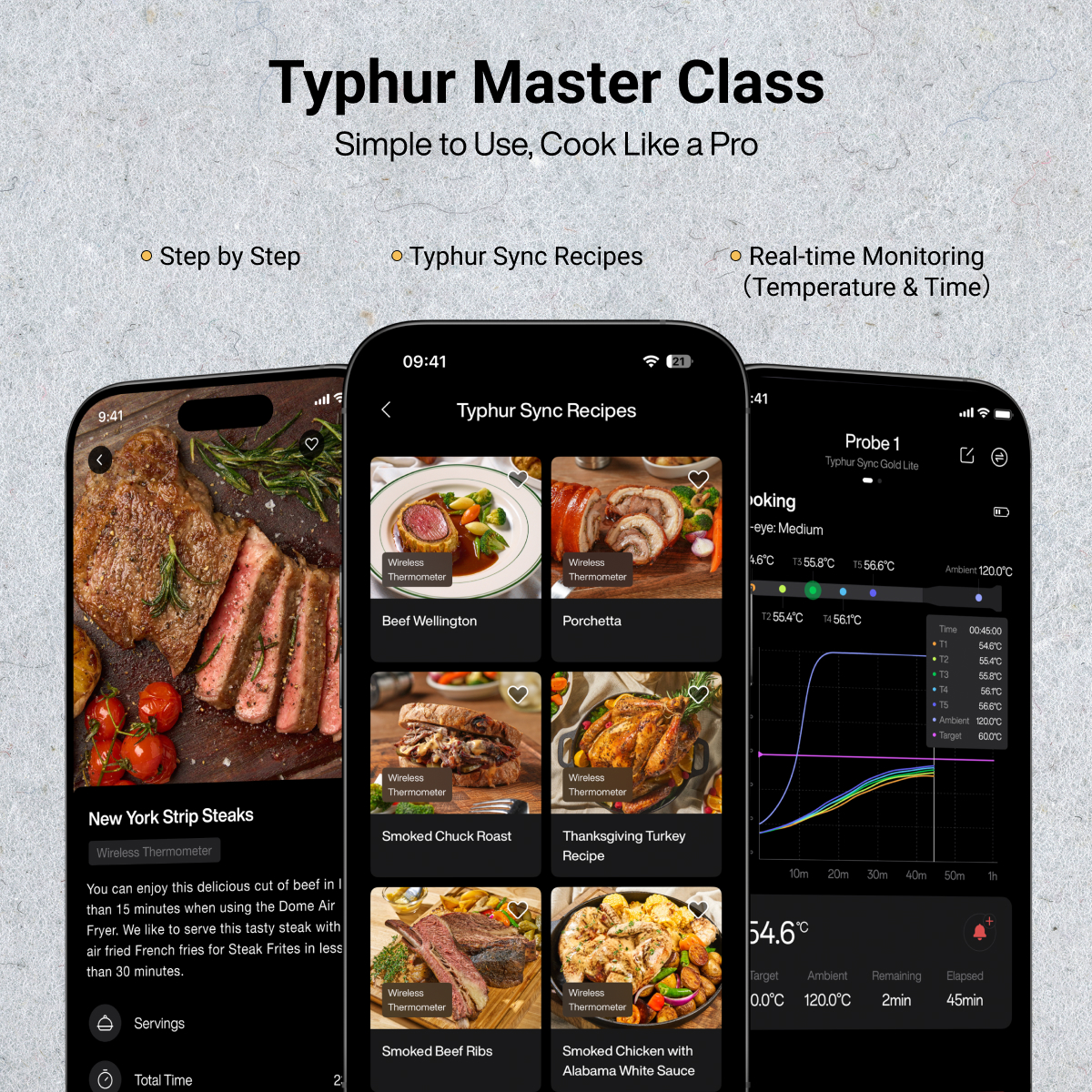 Drei Smartphones zeigen die Typhur-App mit Rezepten und Temperaturüberwachung.