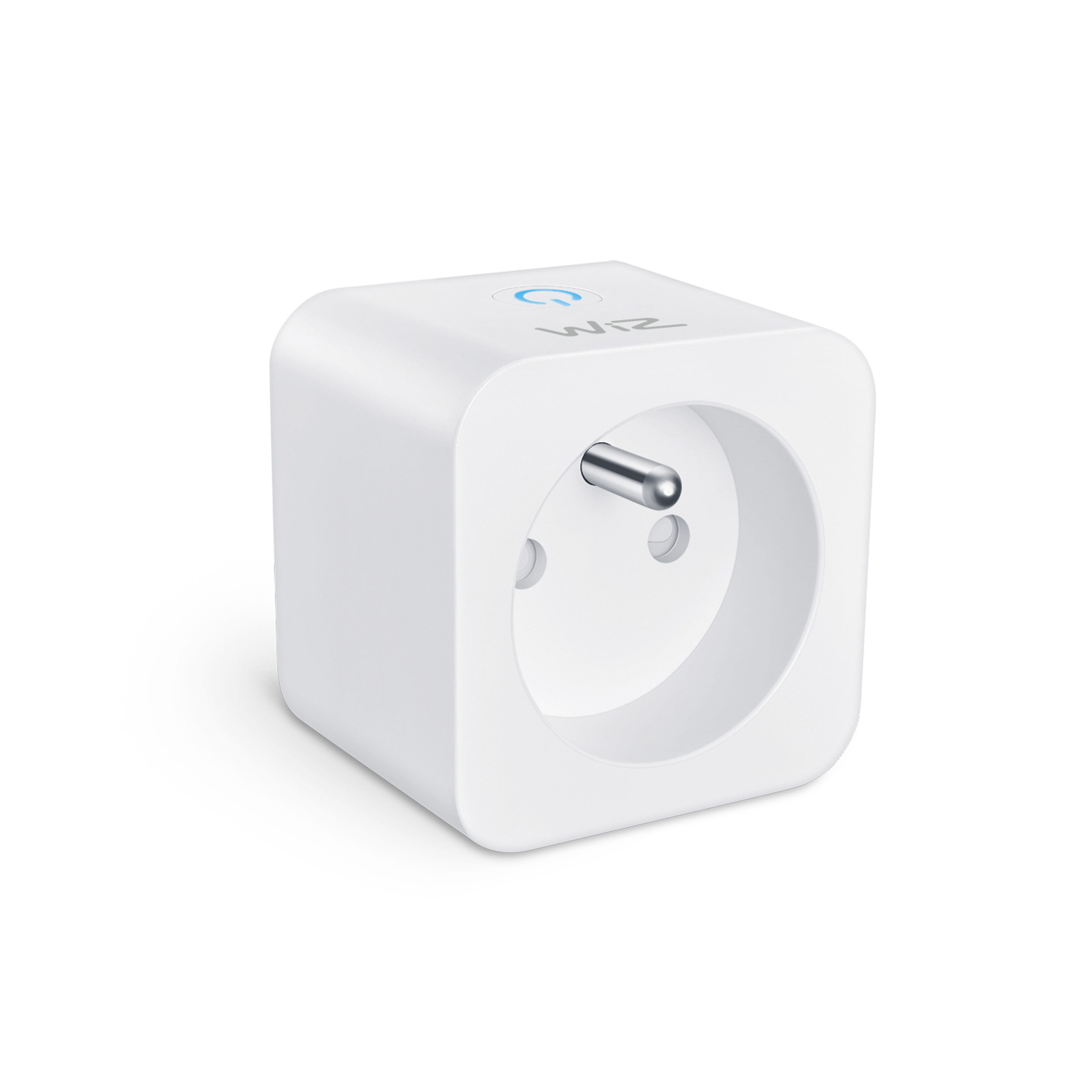 Een witte, kubusvormige smart plug met aardingspen en een blauwe aan-uitknop bovenop.