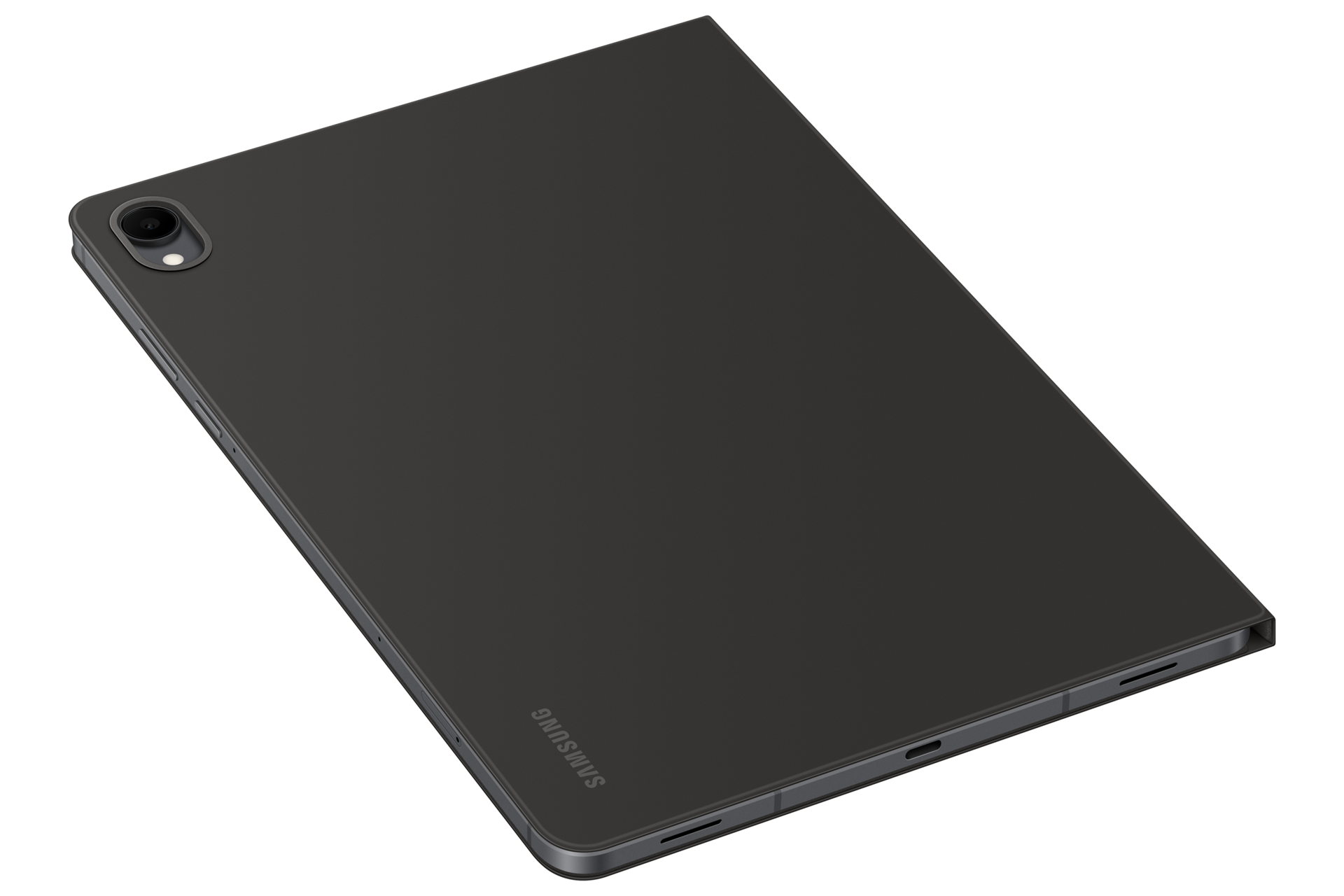 Widok z tyłu szarego tabletu Samsung w etui ochronnym na czarnym tle.