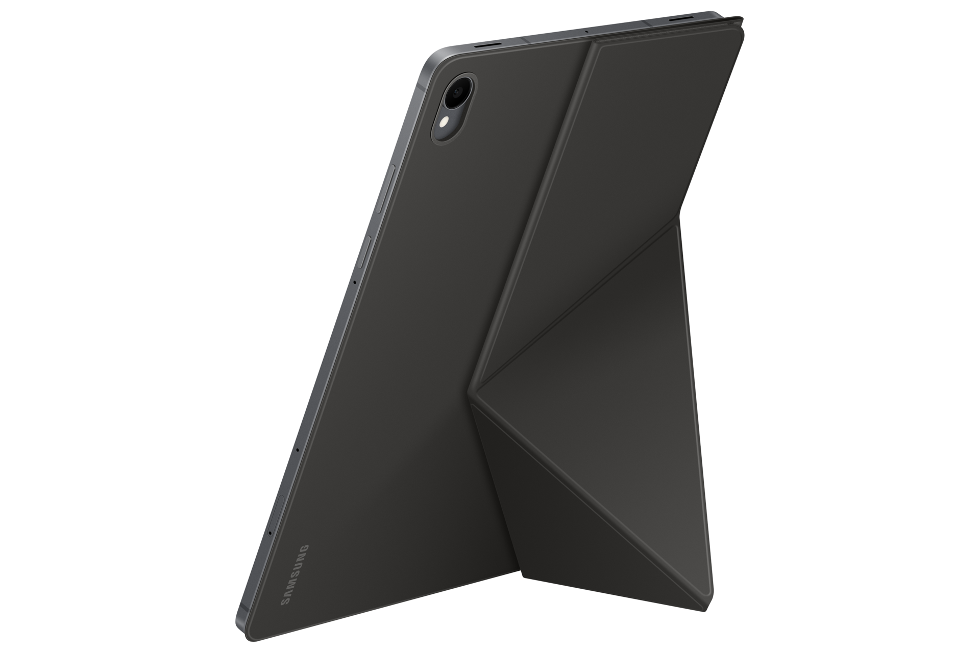 Szary tablet Samsung stoi pionowo w etui ochronnym na czarnym tle.