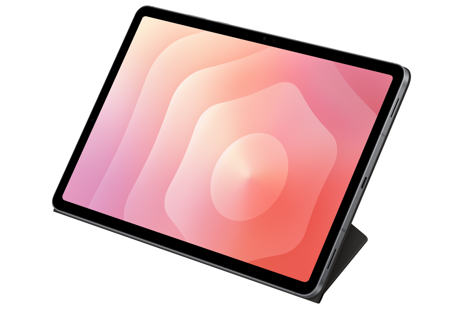 Tablet w ciemnoszarym etui wyświetla na ekranie abstrakcyjny różowy wzór fal.