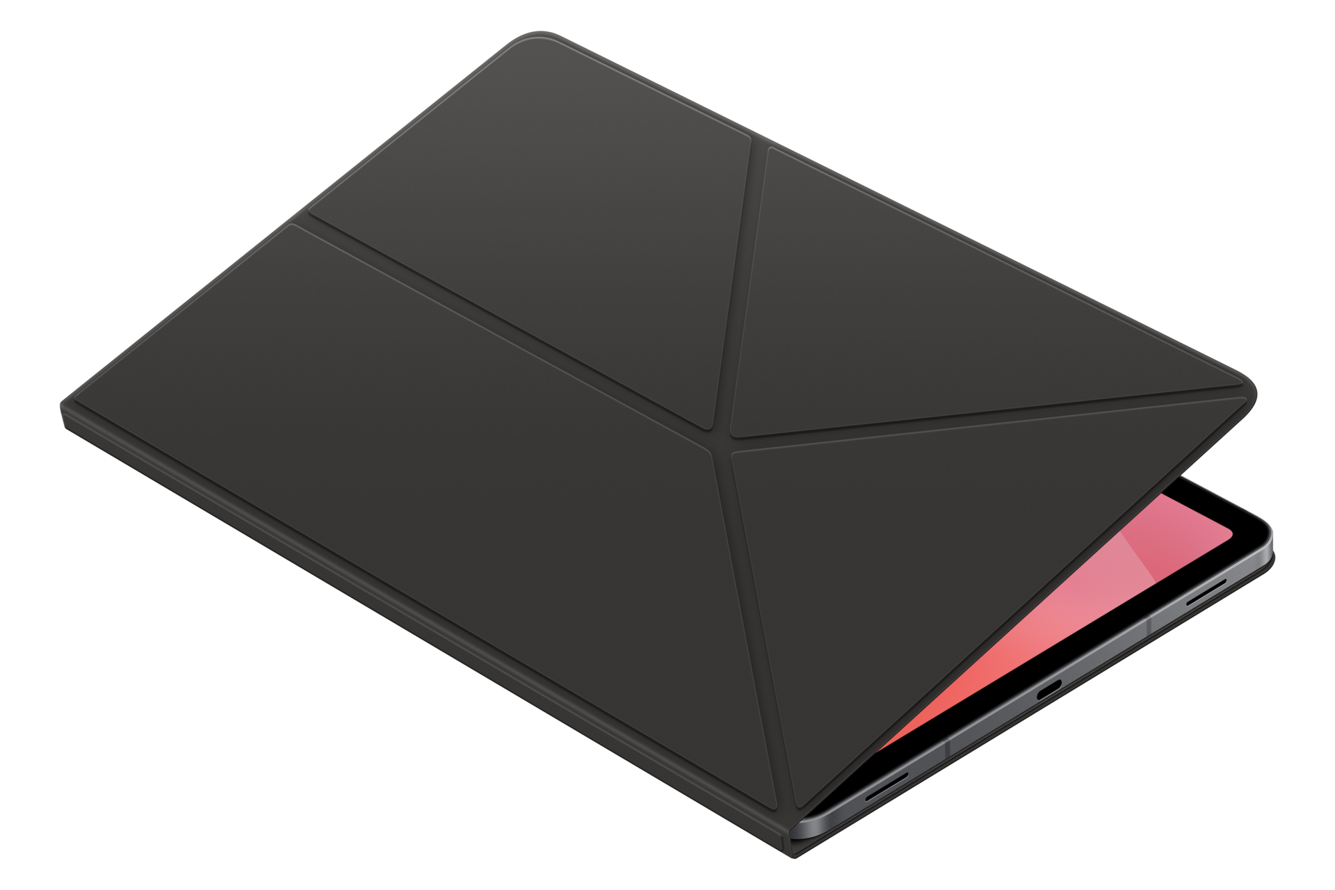 Czarny tablet w geometrycznym etui ochronnym, lekko otwartym, ukazującym czerwony ekran na czarnym tle.