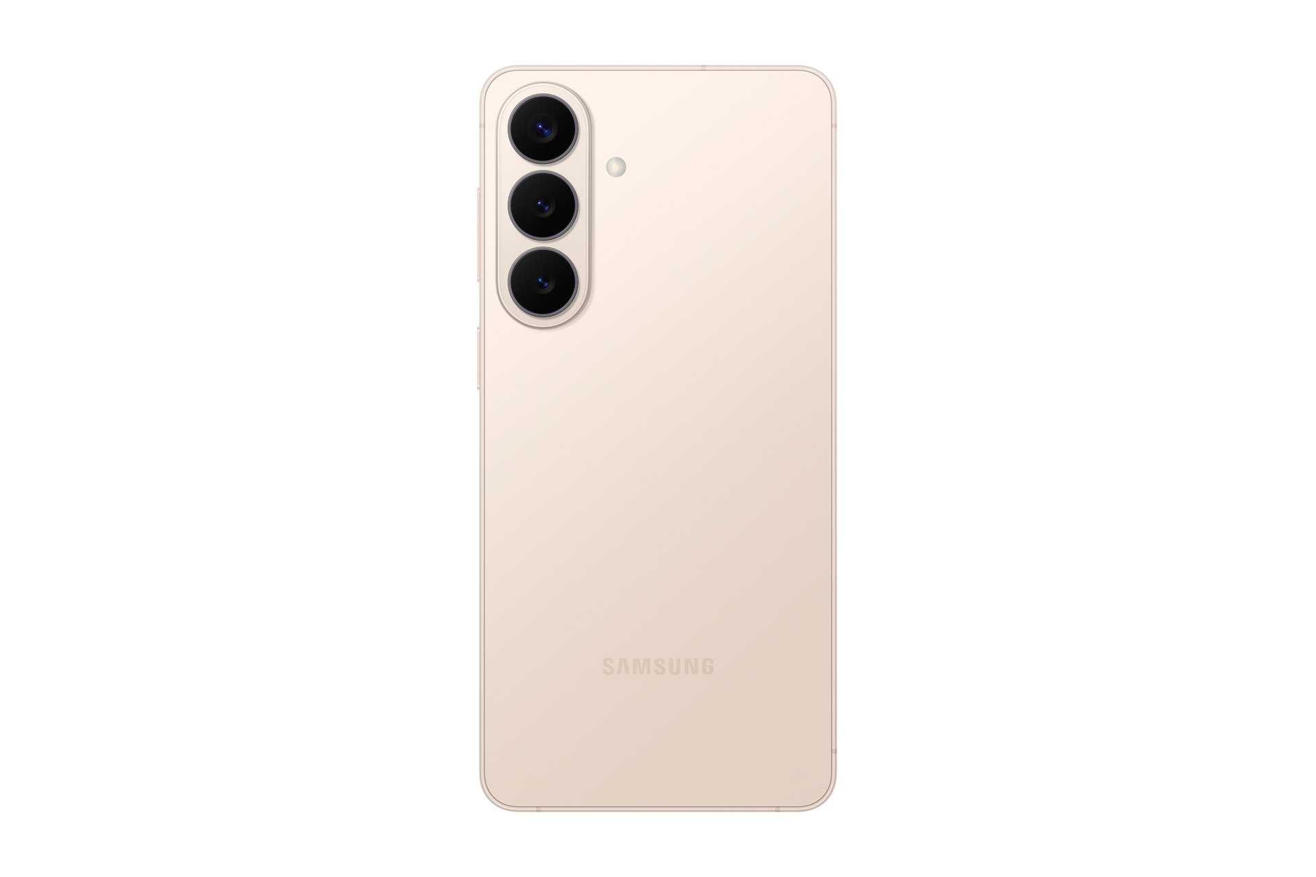 Rückseite eines beigen Samsung-Smartphones mit vertikaler Dreifachkamera und Blitz auf schwarzem Hintergrund.