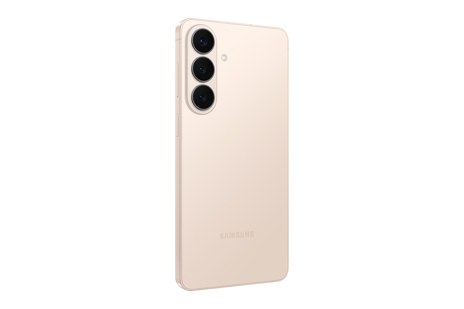 Rückseite eines beigen Smartphones mit vertikaler Dreifachkamera und Samsung-Logo auf schwarzem Hintergrund.