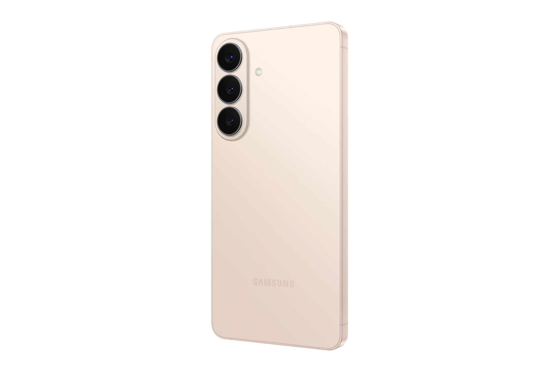 Ein beiges Smartphone von hinten vor schwarzem Hintergrund mit drei vertikalen Kameralinsen und Logo.