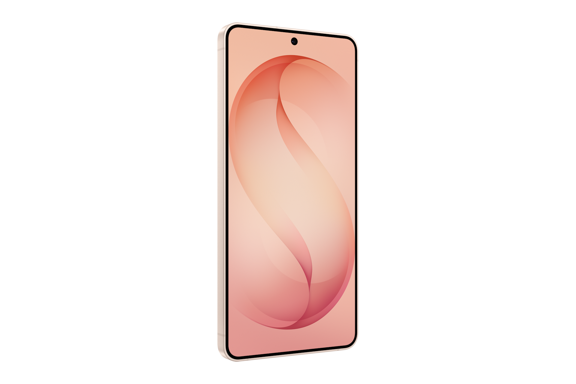Ein Smartphone mit pfirsichfarbenem abstrakten Wirbel auf dem Bildschirm, leicht angewinkelt vor schwarzem Hintergrund.