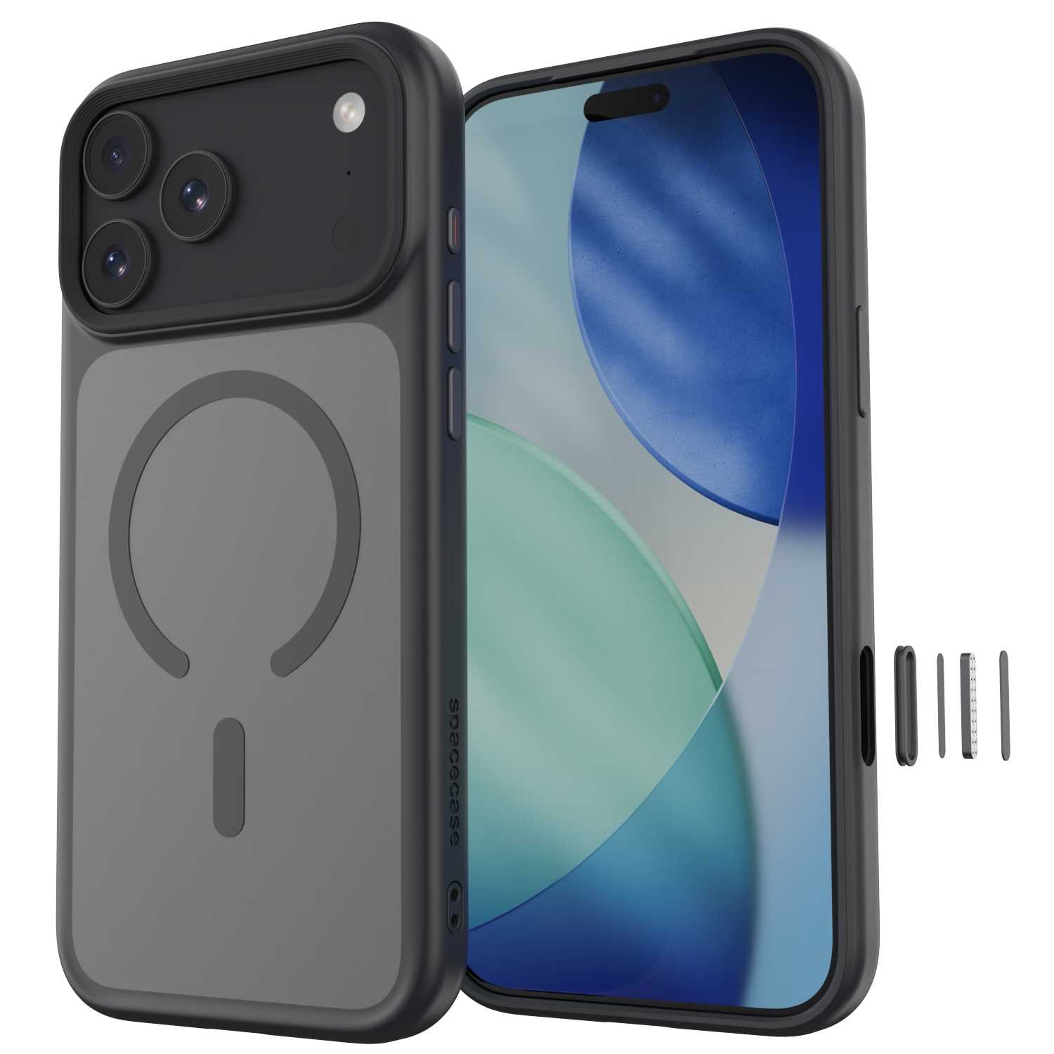 Smartfon w czarnym etui ochronnym z magnetycznym pierścieniem z tyłu i odłączonymi przyciskami bocznymi.