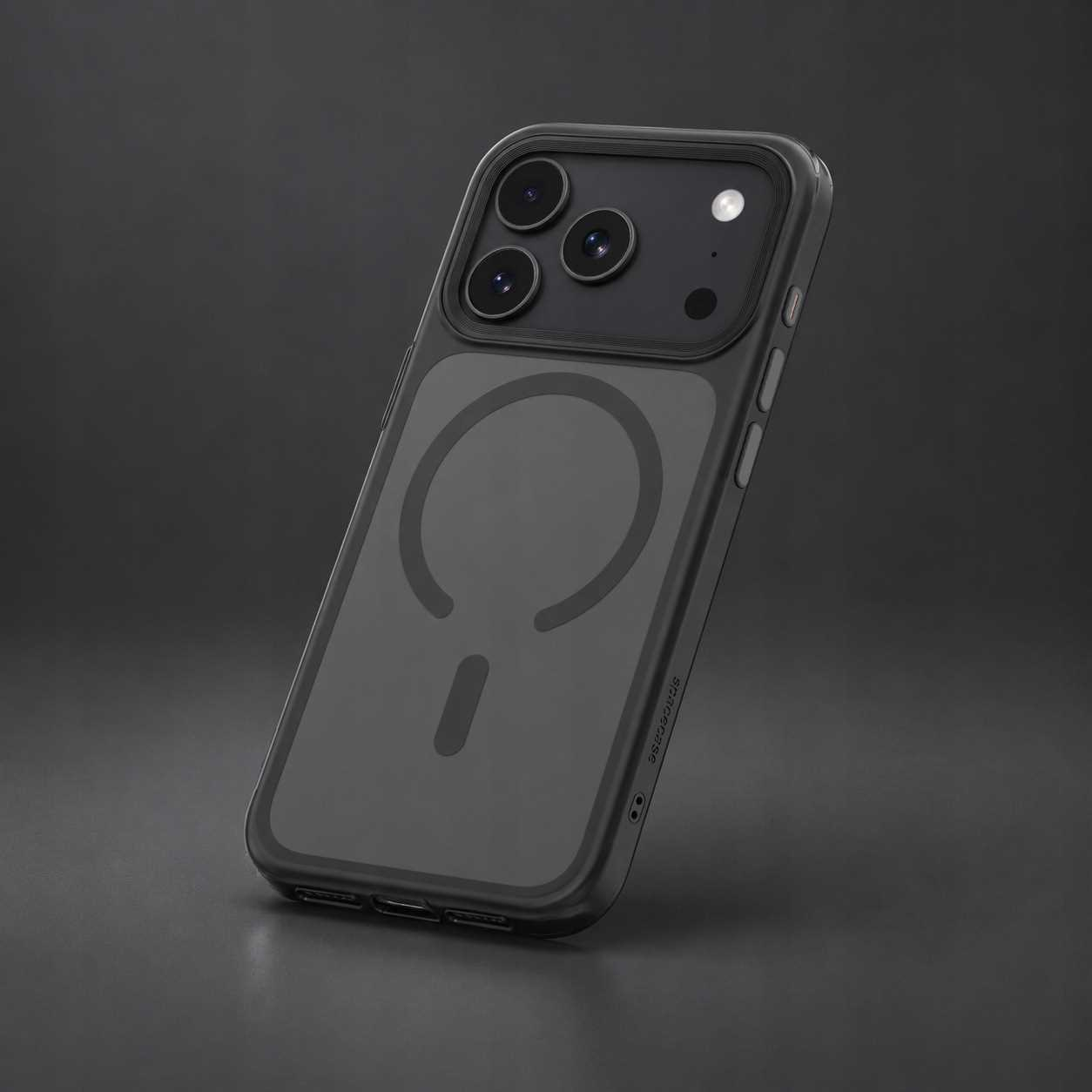 Czarny smartfon w etui ochronnym stoi po przekątnej na ciemnoszarym tle.
