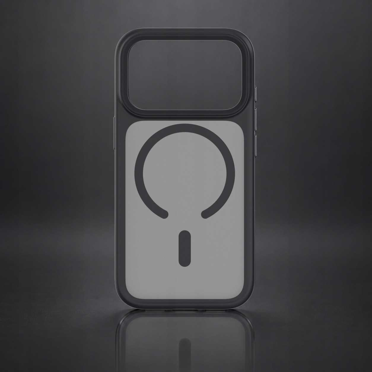 Czarne etui na smartfon z szarą wkładką i symbolem MagSafe na ciemnym tle.