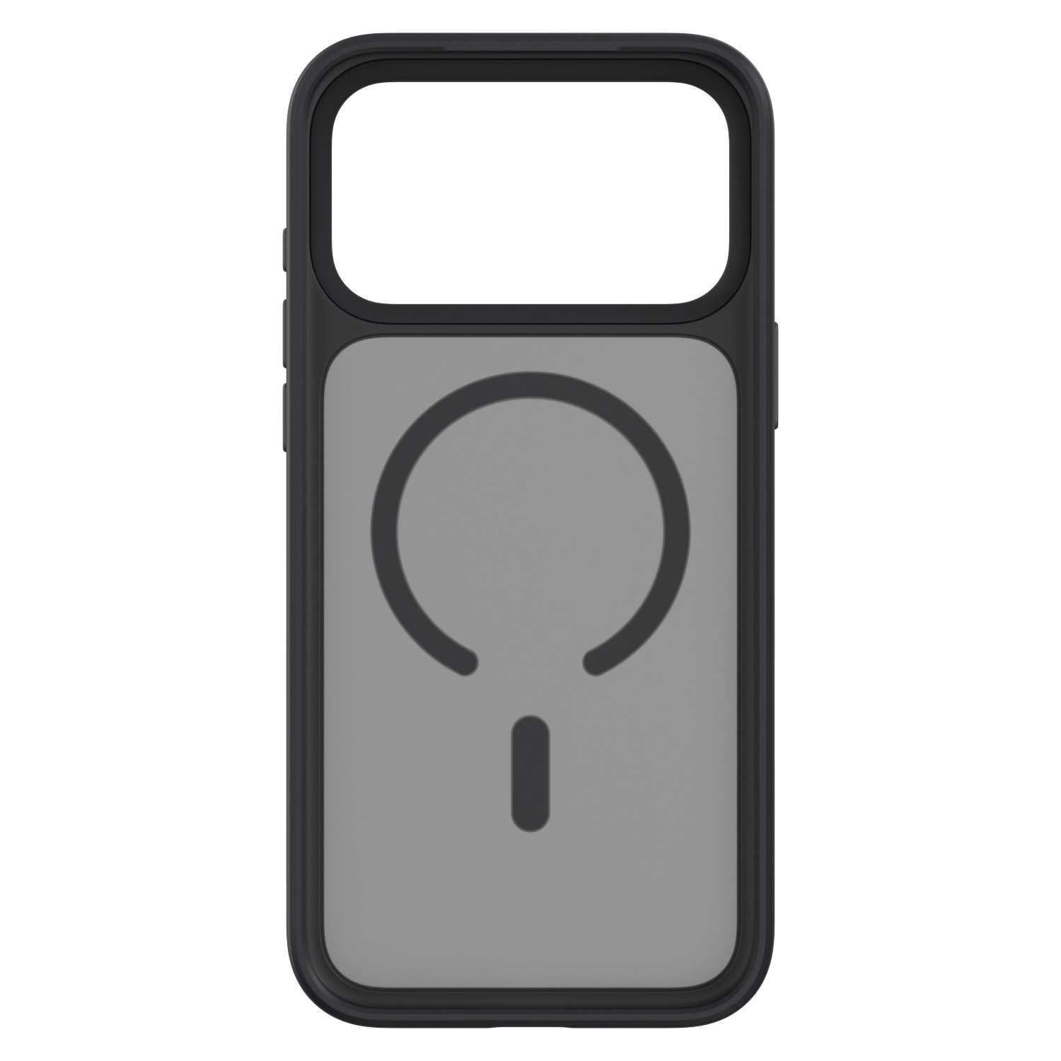 Czarne etui na telefon z pierścieniem MagSafe i wycięciem na aparat na białym tle.