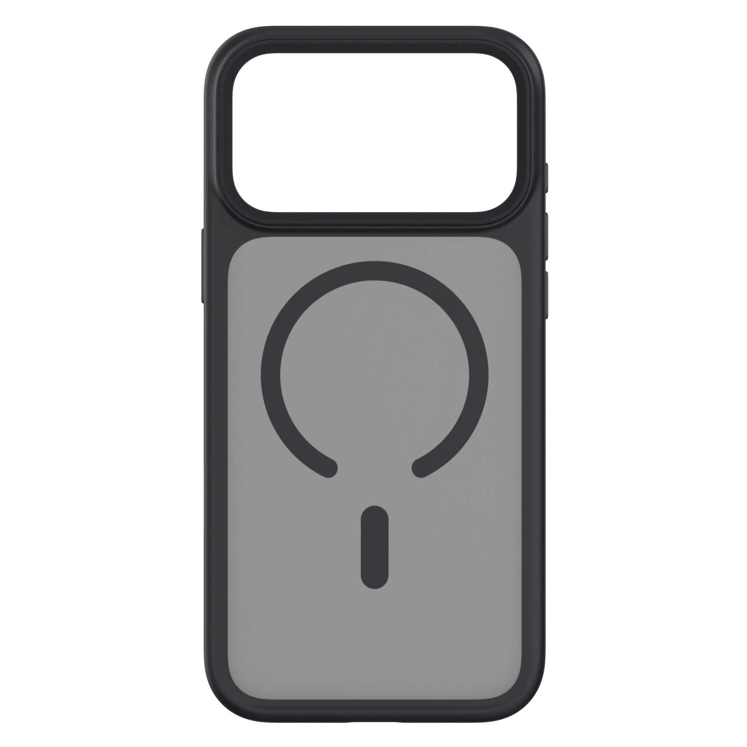 Czarne etui ochronne z szarym wnętrzem, okrągłym pierścieniem magnetycznym i pionową linią.
