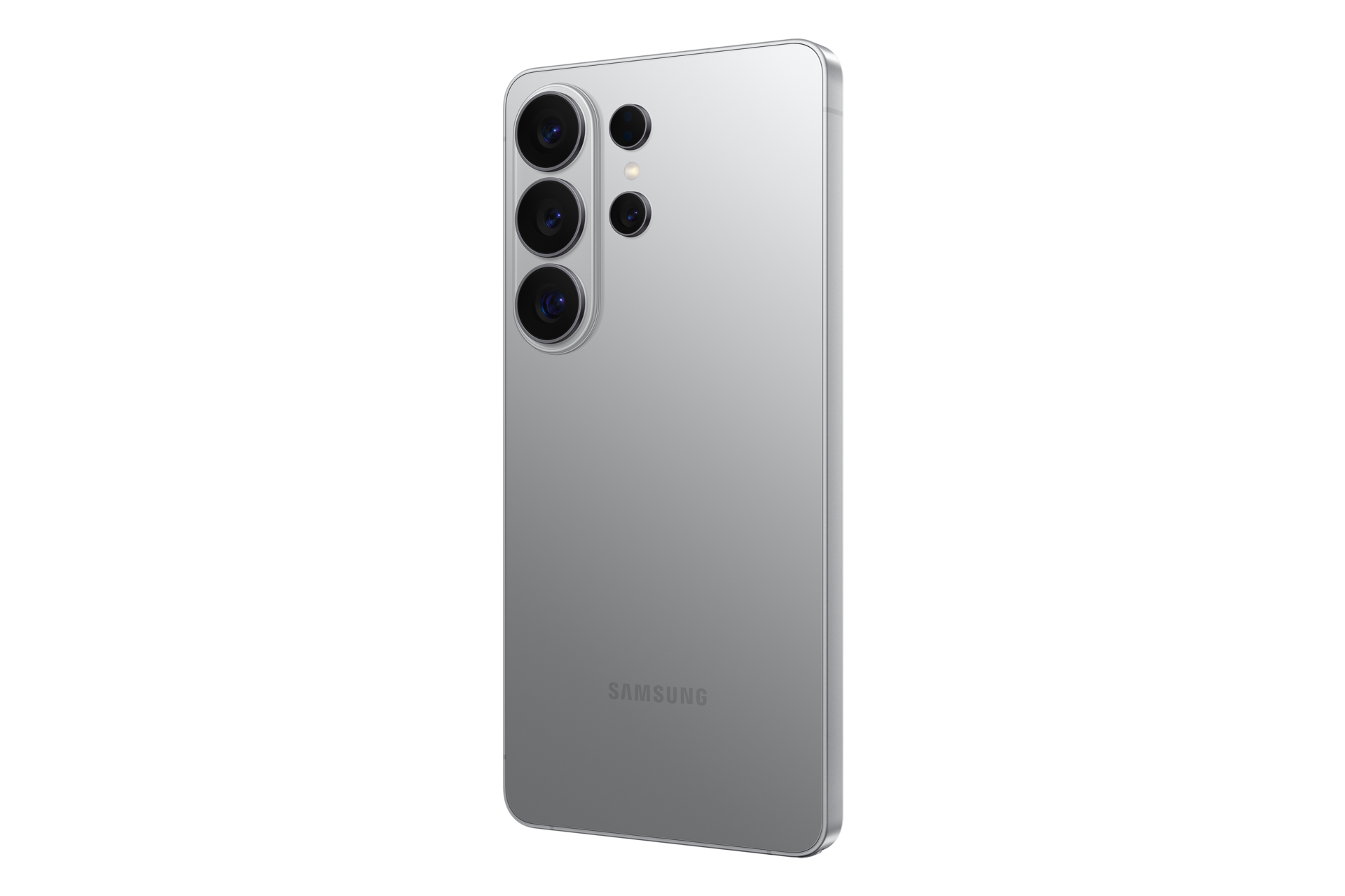 Dos d'un smartphone argenté avec trois caméras principales et le logo Samsung sur fond noir.