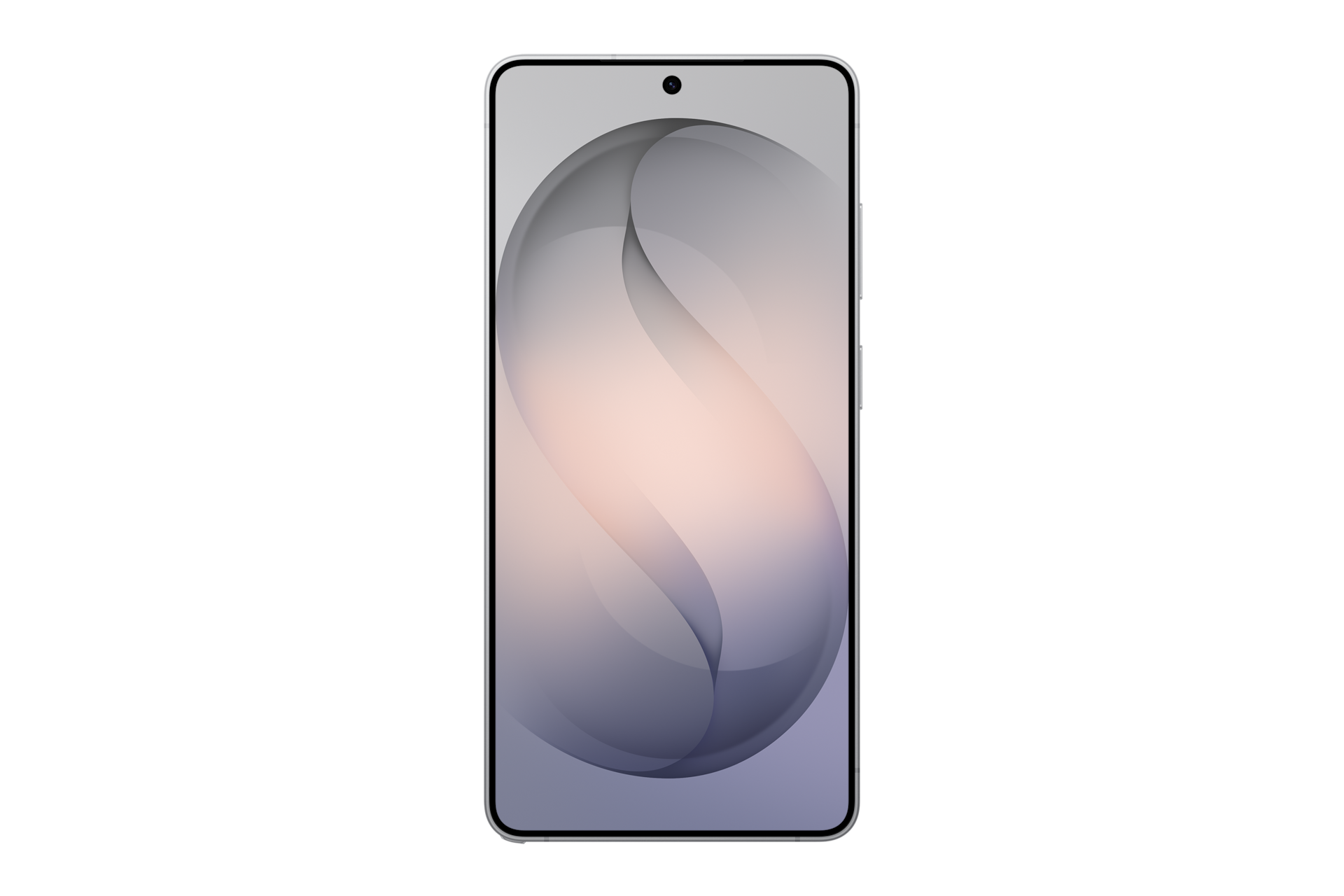 Un smartphone sur fond noir avec un motif abstrait d'ondes grises et roses sur l'écran.