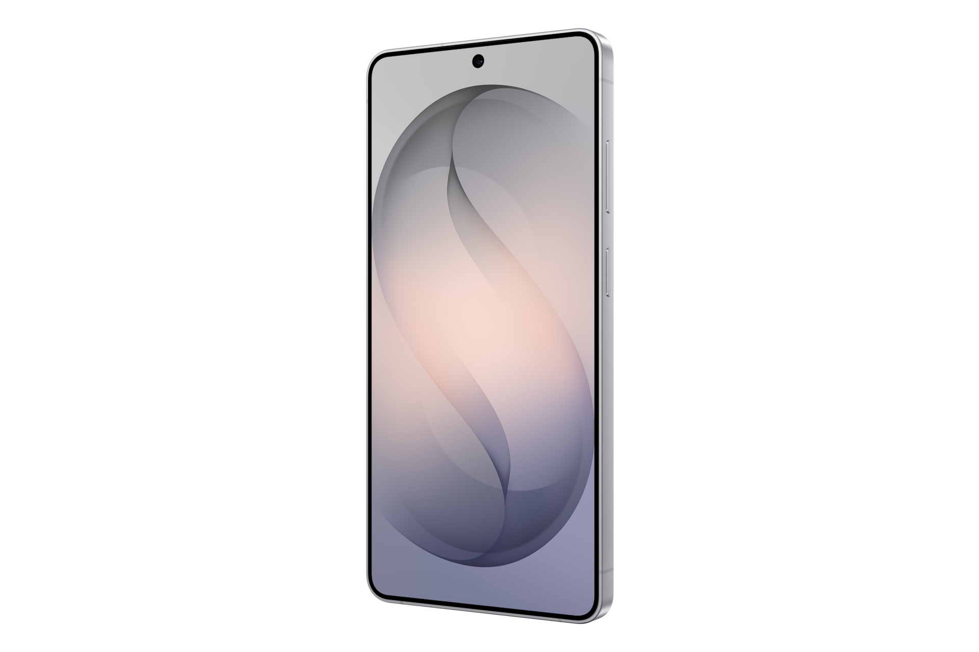 Un smartphone blanc avec un fond gris abstrait et des boutons latéraux sur fond noir.