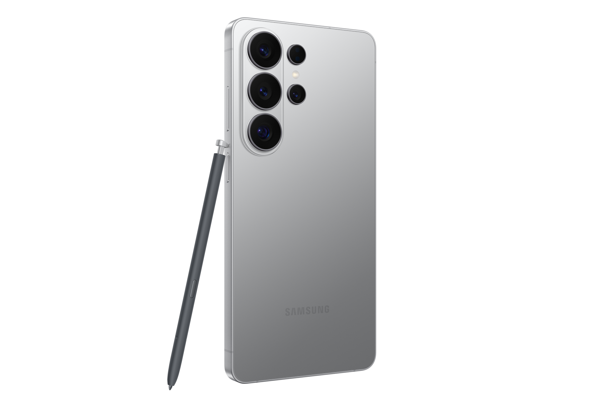 Een zilveren Samsung-smartphone staat verticaal tegen een zwarte achtergrond met de styluspen links.