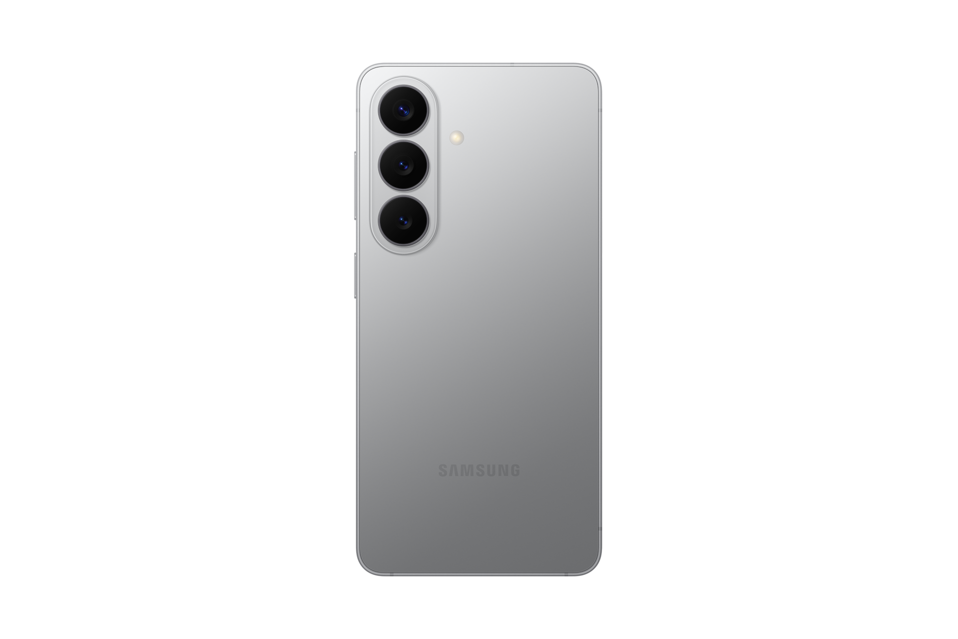 Retro di uno smartphone Samsung argento con tre fotocamere verticali su sfondo nero.