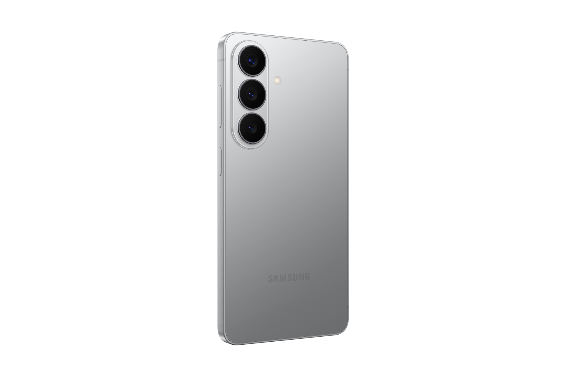 Retro di uno smartphone argento con tripla fotocamera verticale e logo Samsung su sfondo nero.