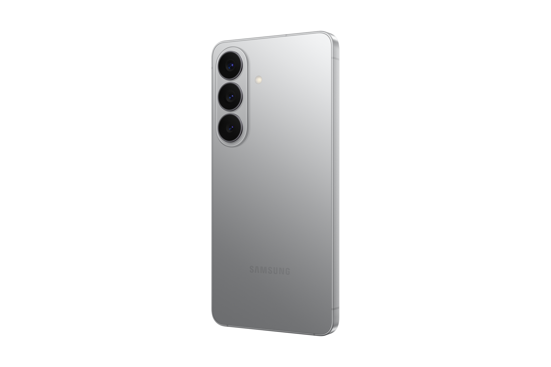 Retro di uno smartphone argento con tripla fotocamera verticale e logo Samsung su sfondo nero.