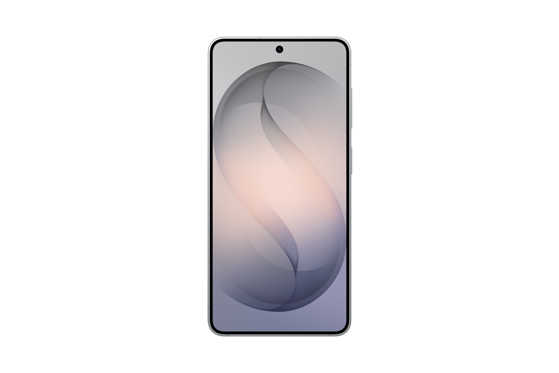 Uno smartphone con cornice grigio chiaro e uno sfondo astratto curvo grigio e pesca.
