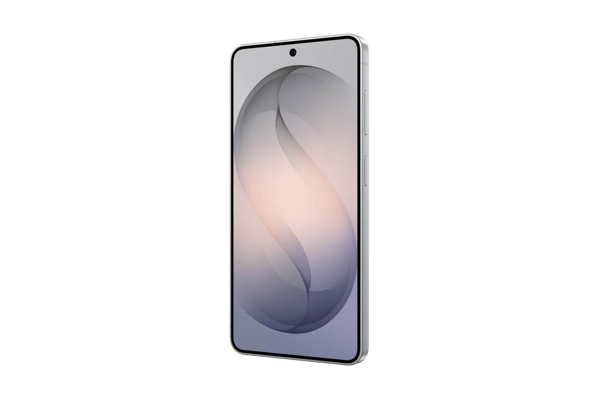 Uno smartphone bianco con un design dello schermo viola-grigio su sfondo nero.