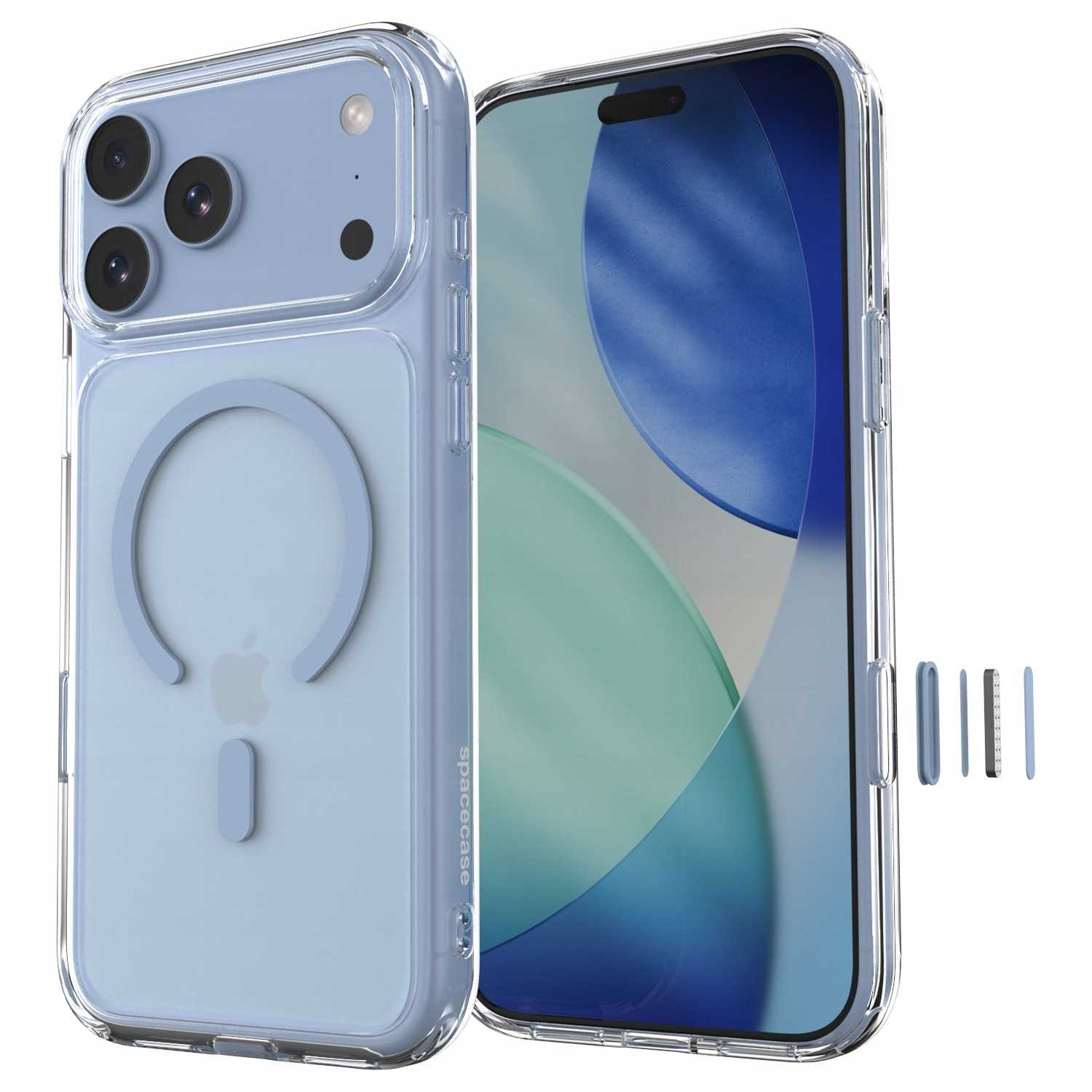Jasnoniebieski smartfon z przezroczystym etui ochronnym i pierścieniem MagSafe z tyłu.