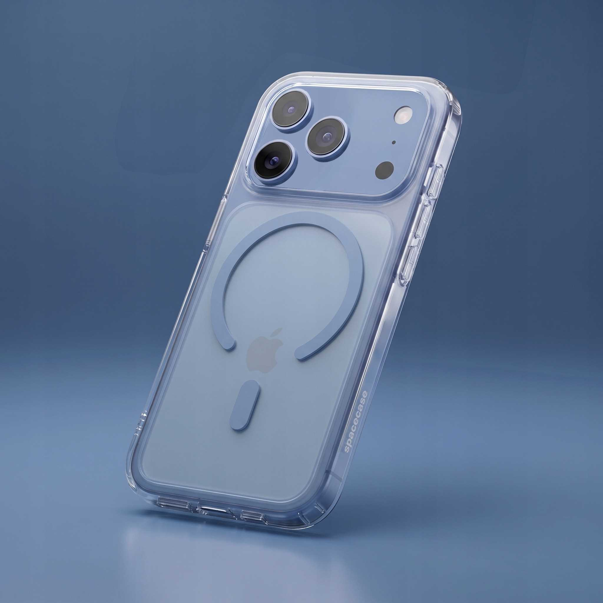 Jasnoniebieski smartfon w przezroczystym etui z pierscieniem MagSafe na niebieskim tle.