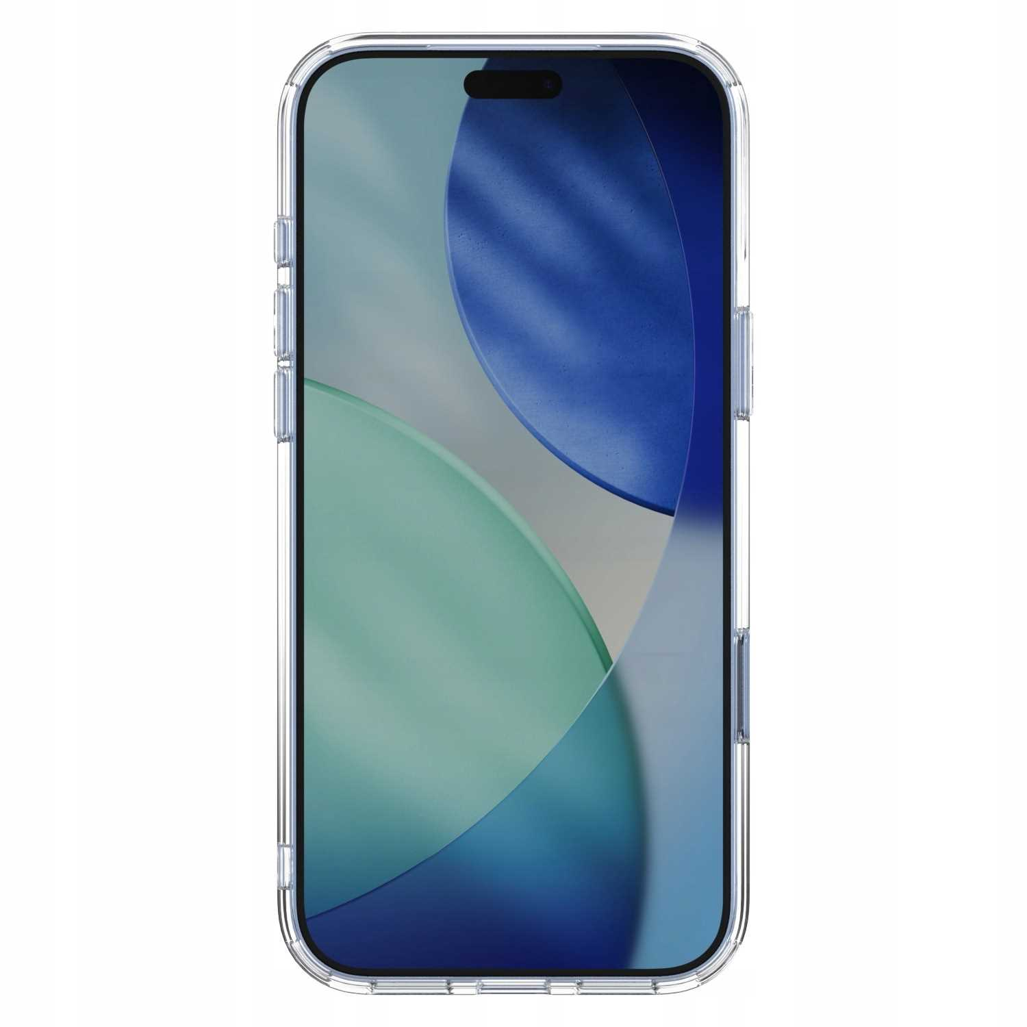 Smartfon w przezroczystym etui ochronnym z abstrakcyjnym wzorem na ekranie.