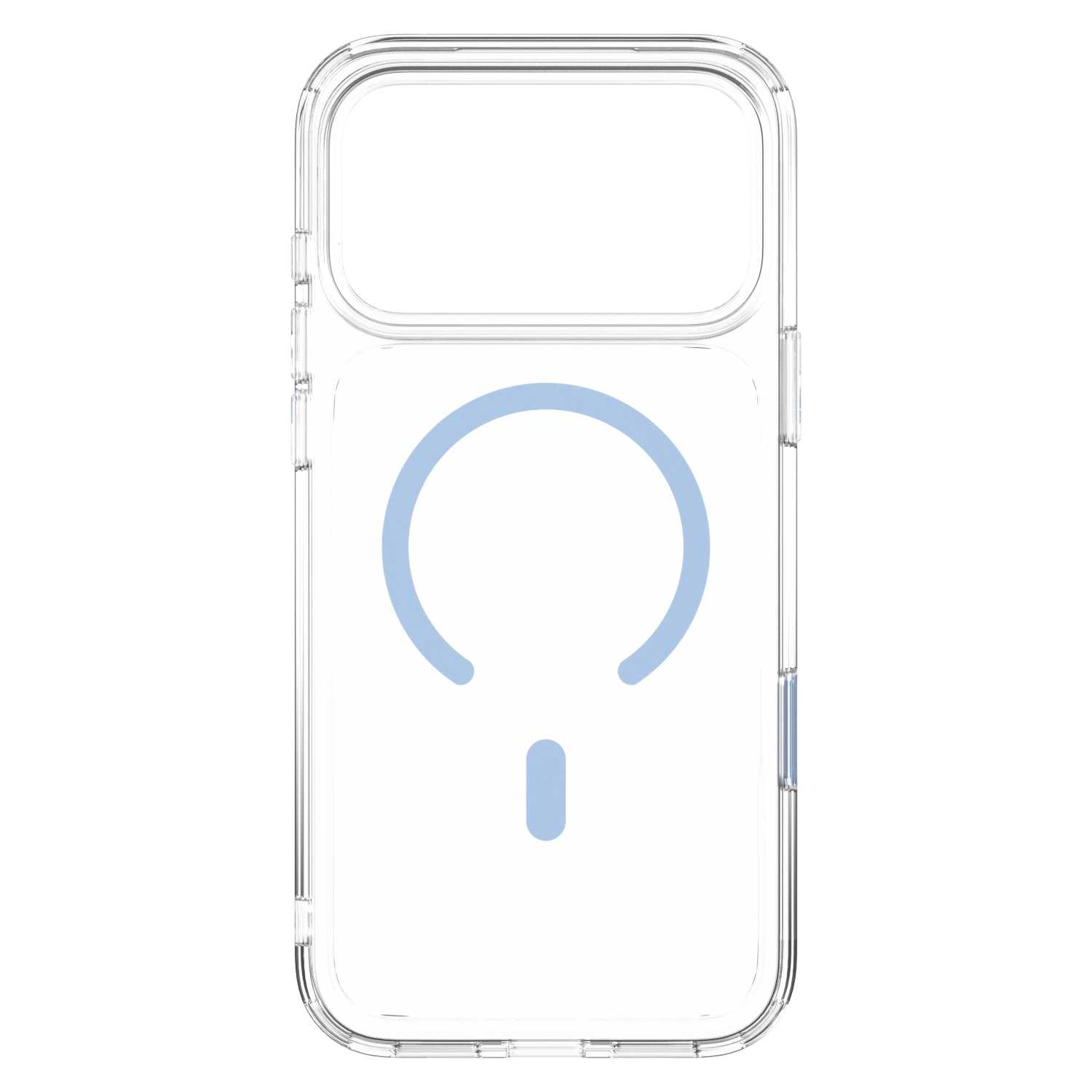 Przezroczyste etui na smartfon z pierścieniem MagSafe i magnesem wyrównującym z tyłu na białym tle.