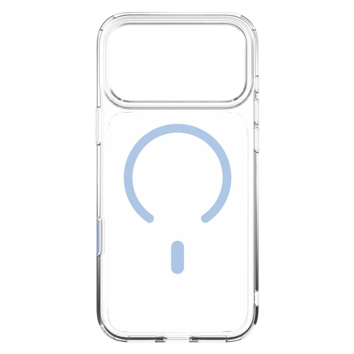 Przezroczyste etui na telefon z wbudowanym niebieskim pierścieniem MagSafe i wycięciem na aparat na białym tle.