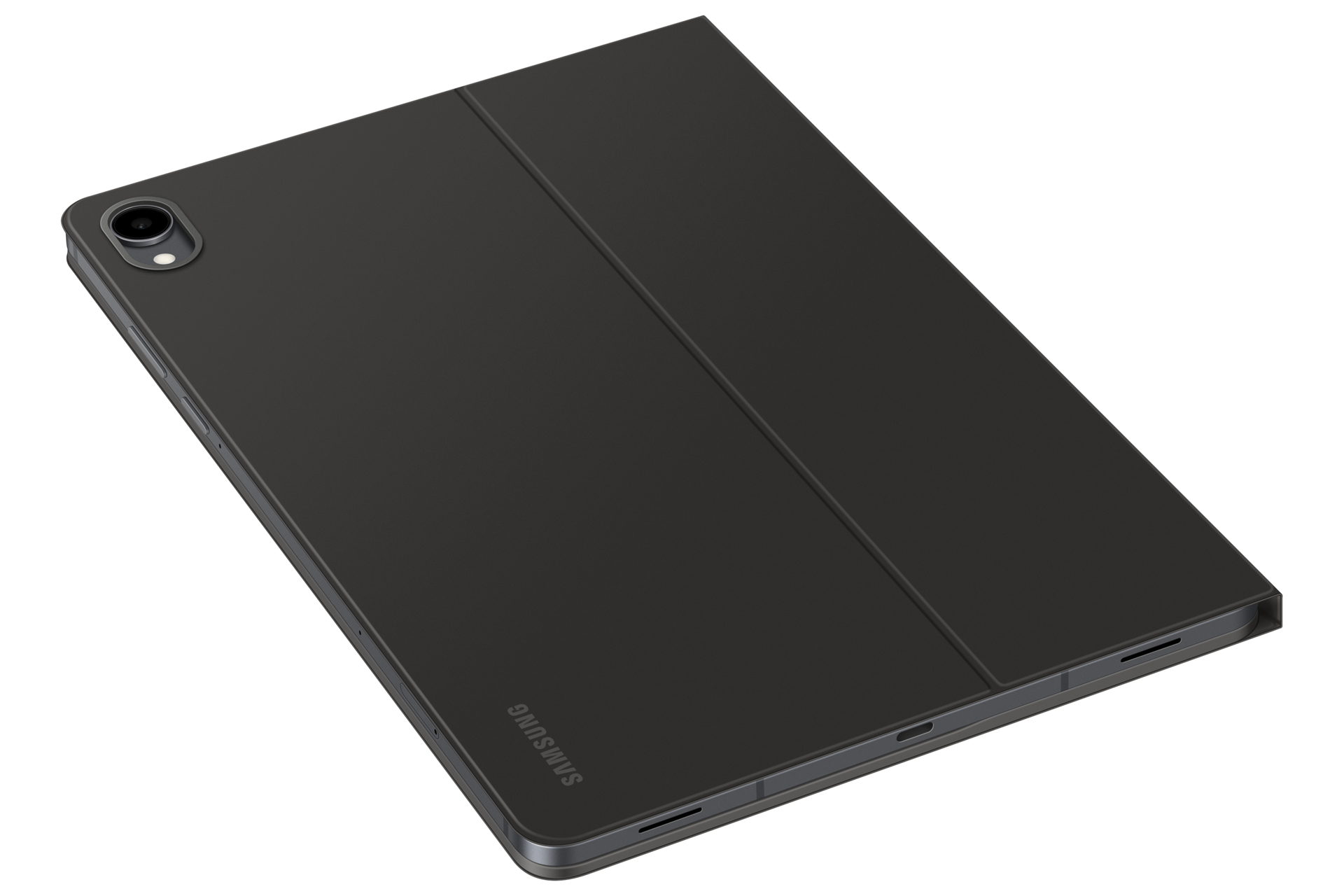 Tablet Samsung grigio scuro con custodia, che mostra il retro e la fotocamera.