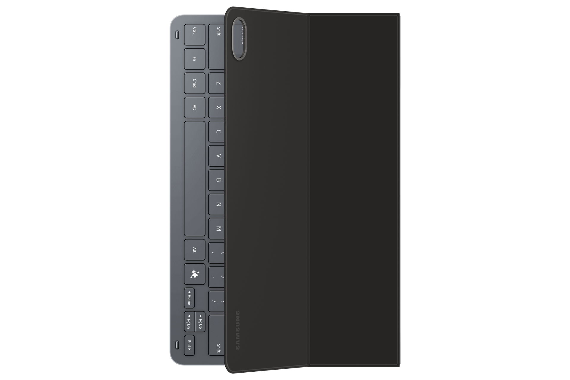 Un tablet Samsung grigio con tastiera e custodia protettiva nera su sfondo nero.