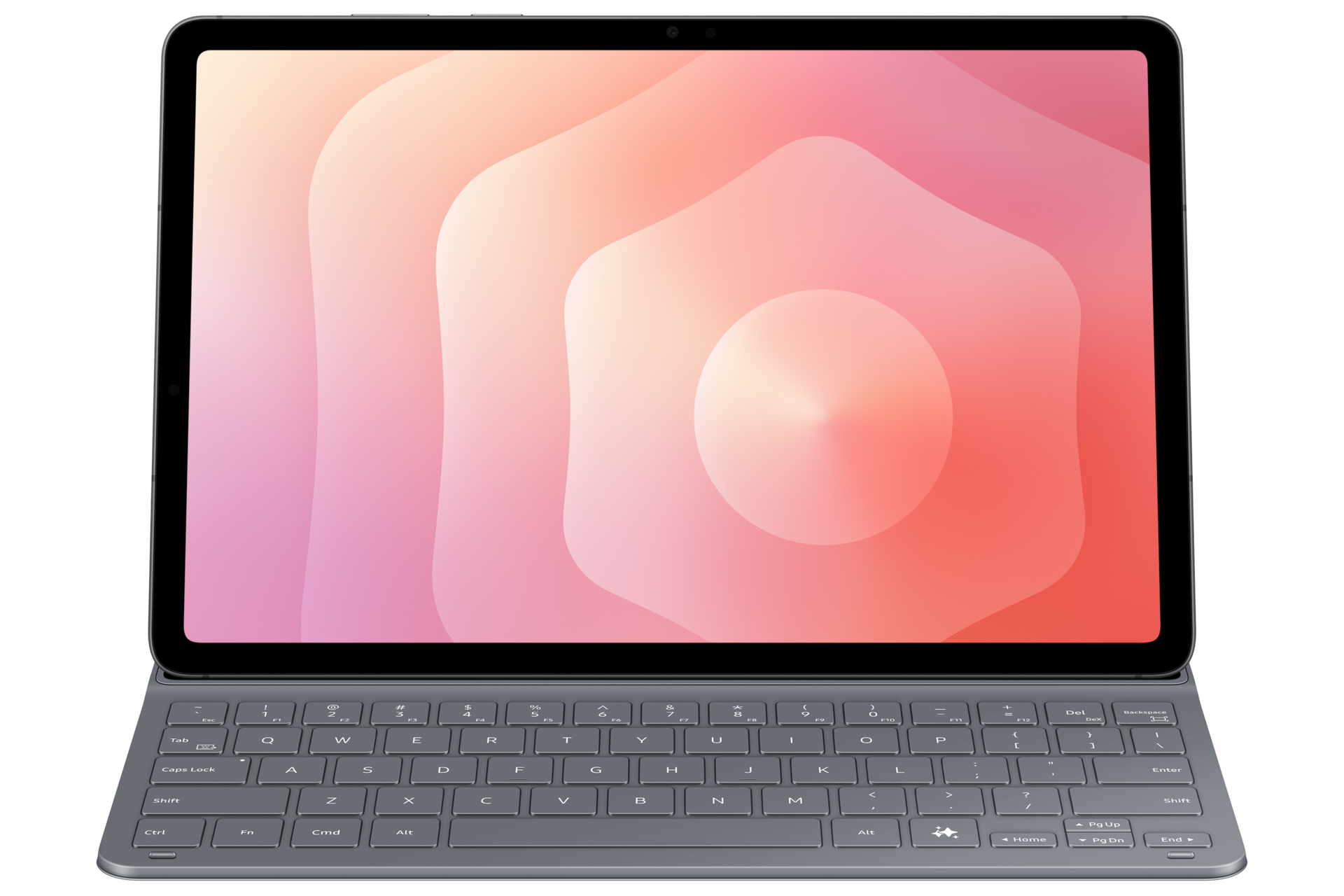 Un tablet grigio con tastiera mostra uno schermo con motivo ad onde rosa.