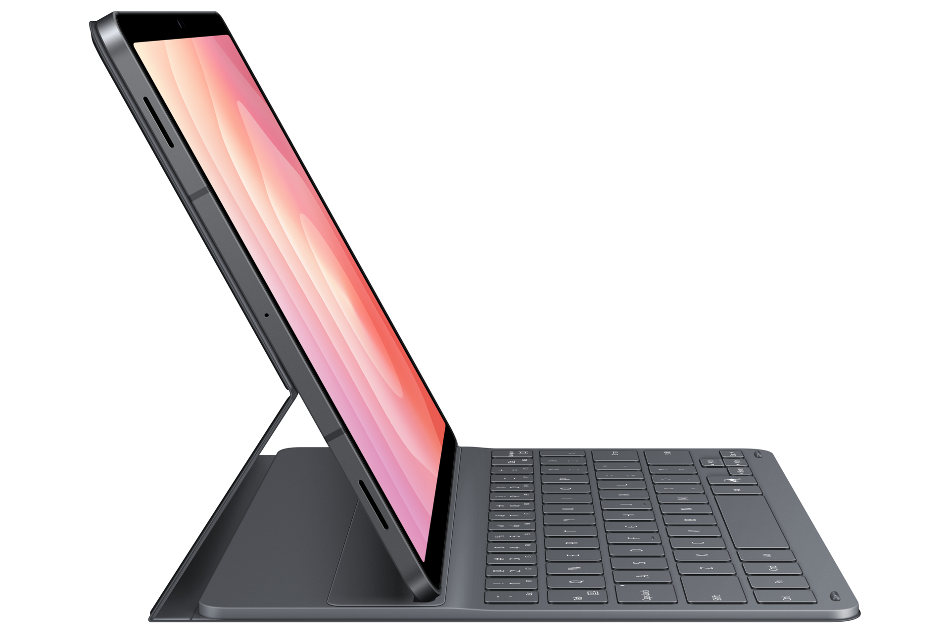 Un tablet grigio con schermo colorato è inclinato in una tastiera-custodia coordinata su sfondo nero.