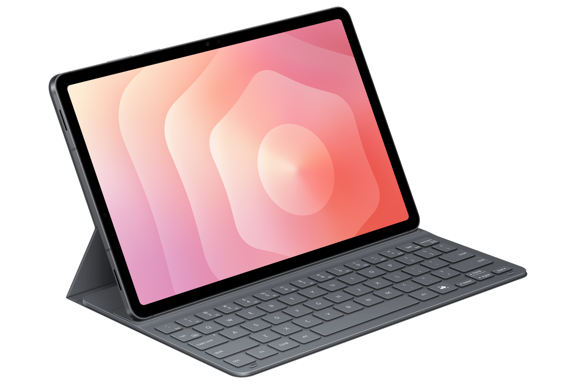 Un tablet grigio con display colorato è collegato a una tastiera coordinata, su sfondo nero.