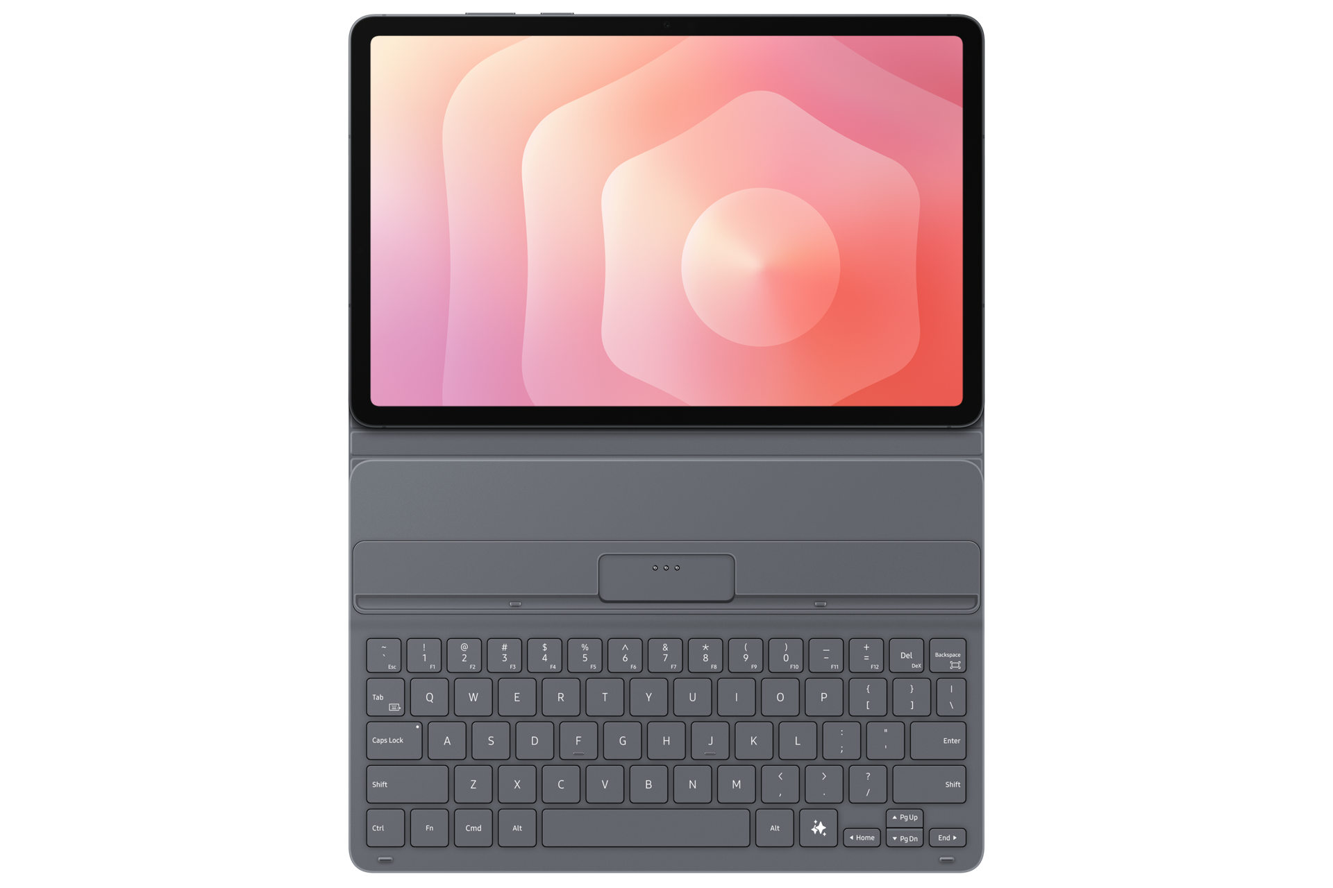 Un tablet grigio con tastiera e schermo astratto rosa su sfondo nero.