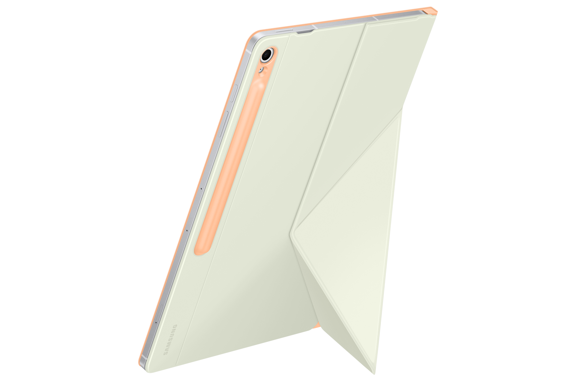Un tablet con custodia verde chiaro è in piedi su sfondo nero, mostrando fotocamera e tasti laterali.
