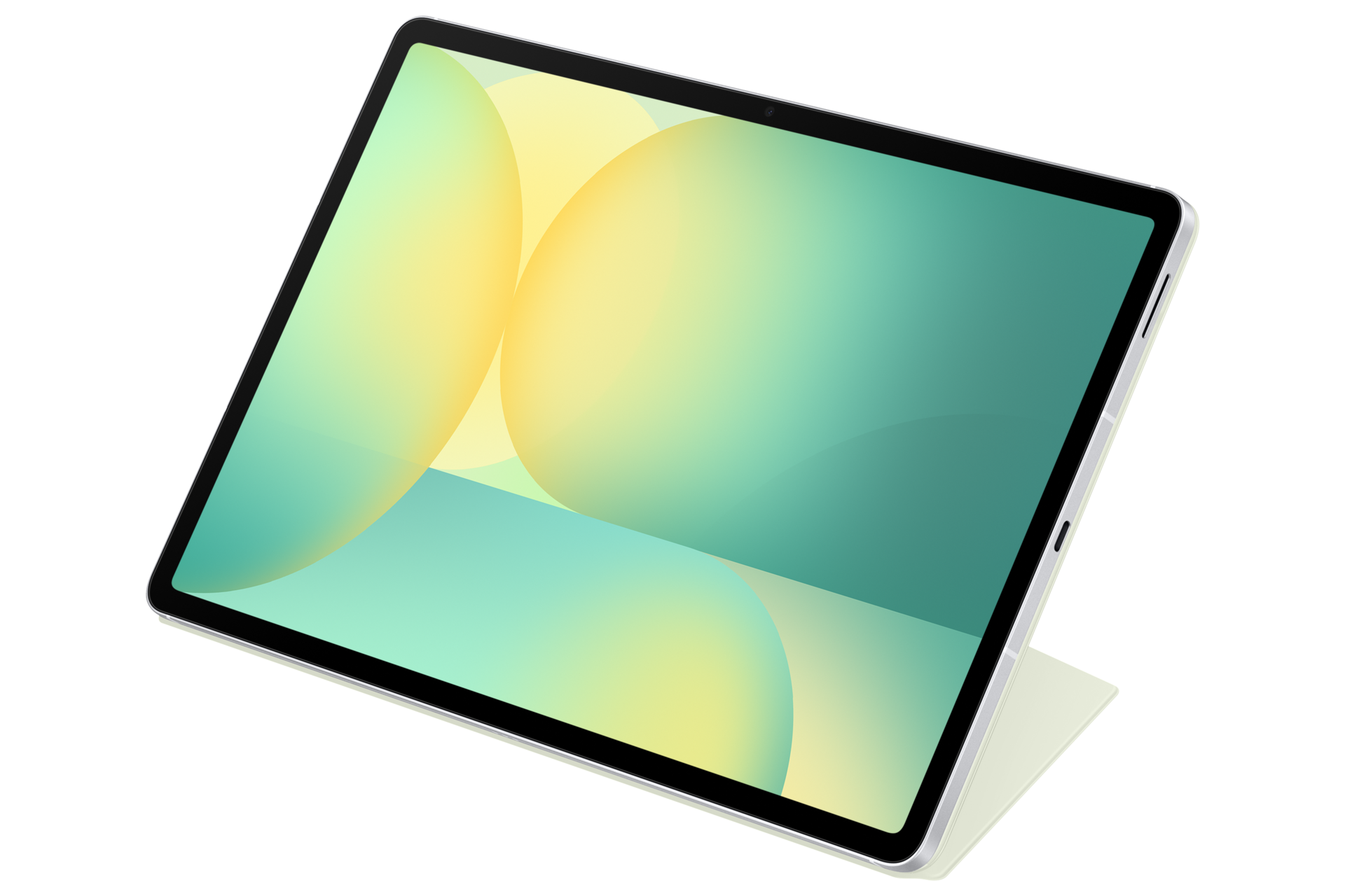 Un tablet con sfondo astratto giallo e turchese su supporto su sfondo nero.