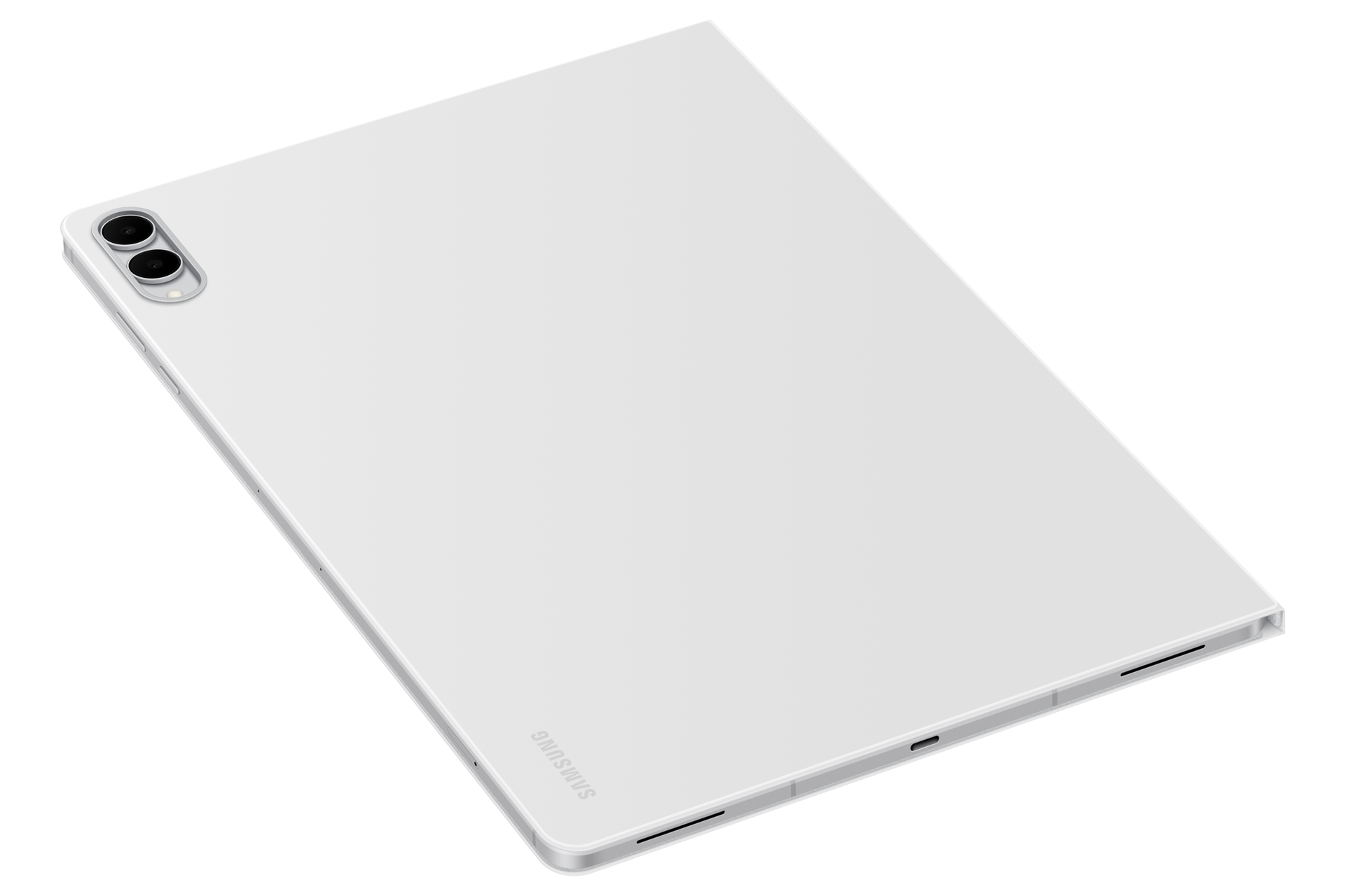 Tył białego tabletu Samsung z podwójnym aparatem i logo na czarnym tle.