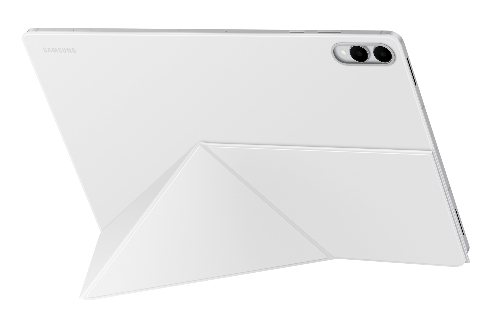 Tył białego tabletu Samsung w etui z podstawką na czarnym tle.