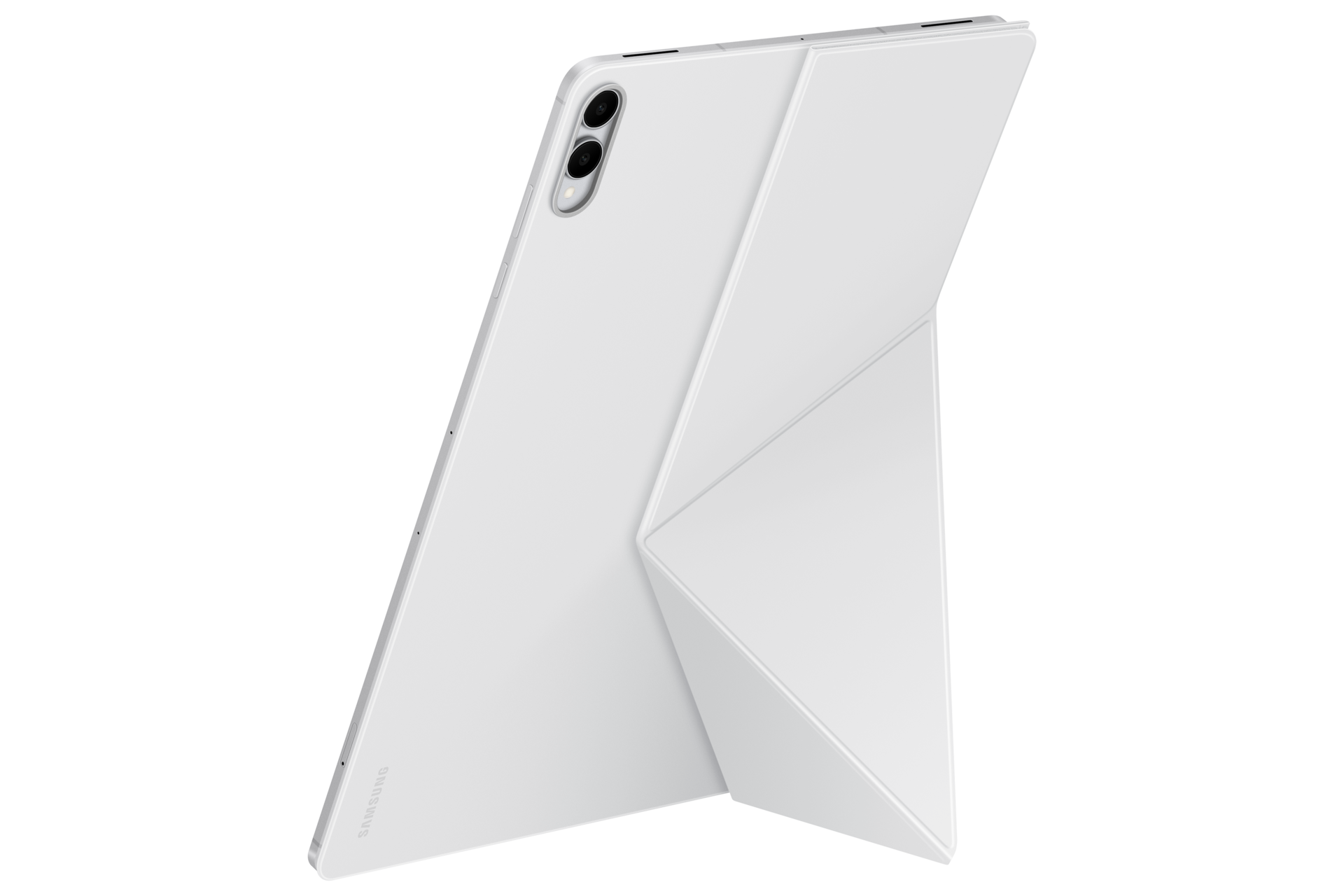 Białe etui na tablet ze zintegrowaną podstawką pokazuje tył tabletu z aparatem na czarnym tle.