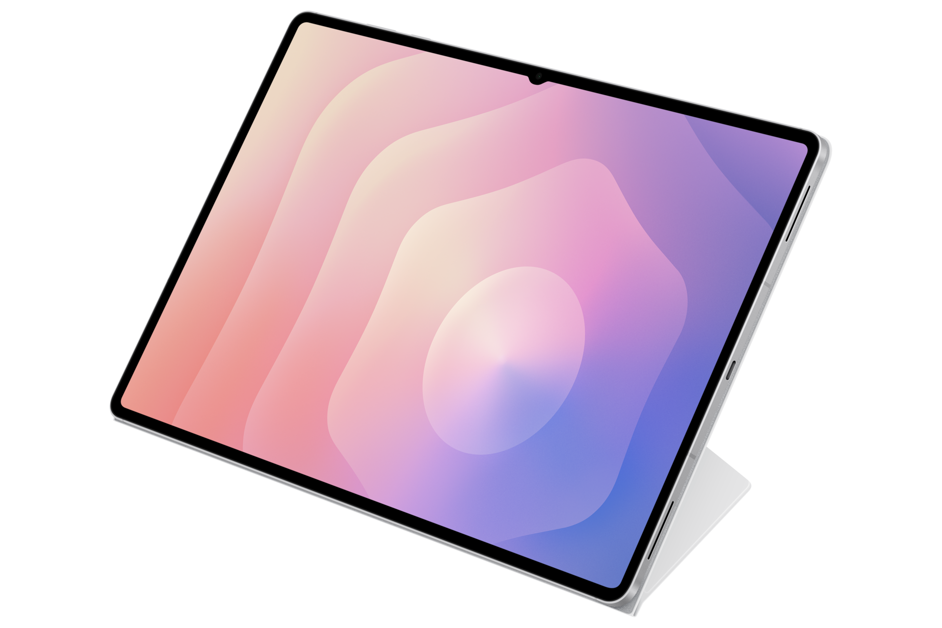 Tablet z różowo-niebieską tapetą z gradientem, wsparty na stojaku na czarnym tle.